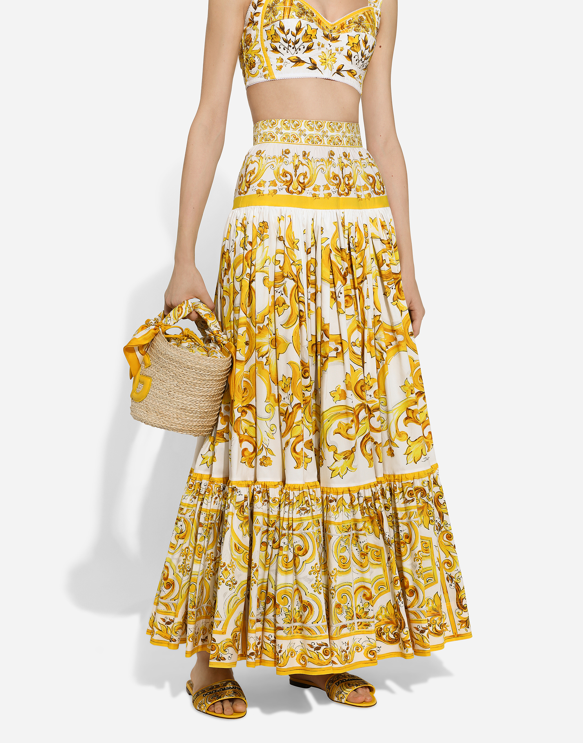 Shop Dolce & Gabbana Long Majolica-print Poplin Skirt With Ruffles