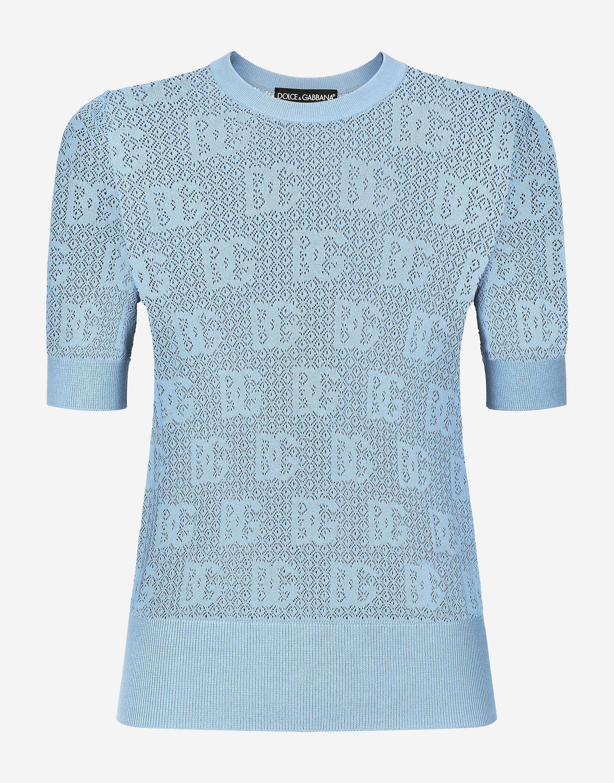 Shop Dolce & Gabbana Lace-stitch Viscose Sweater With Jacquard Dg Logo In Azure