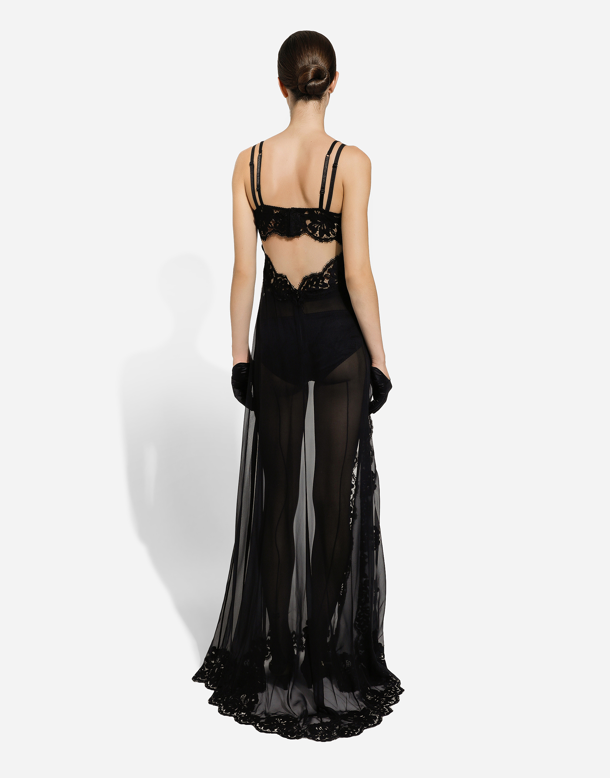 Shop Dolce & Gabbana Long Silk Chiffon And Chantilly Lace Slip Dress In Black