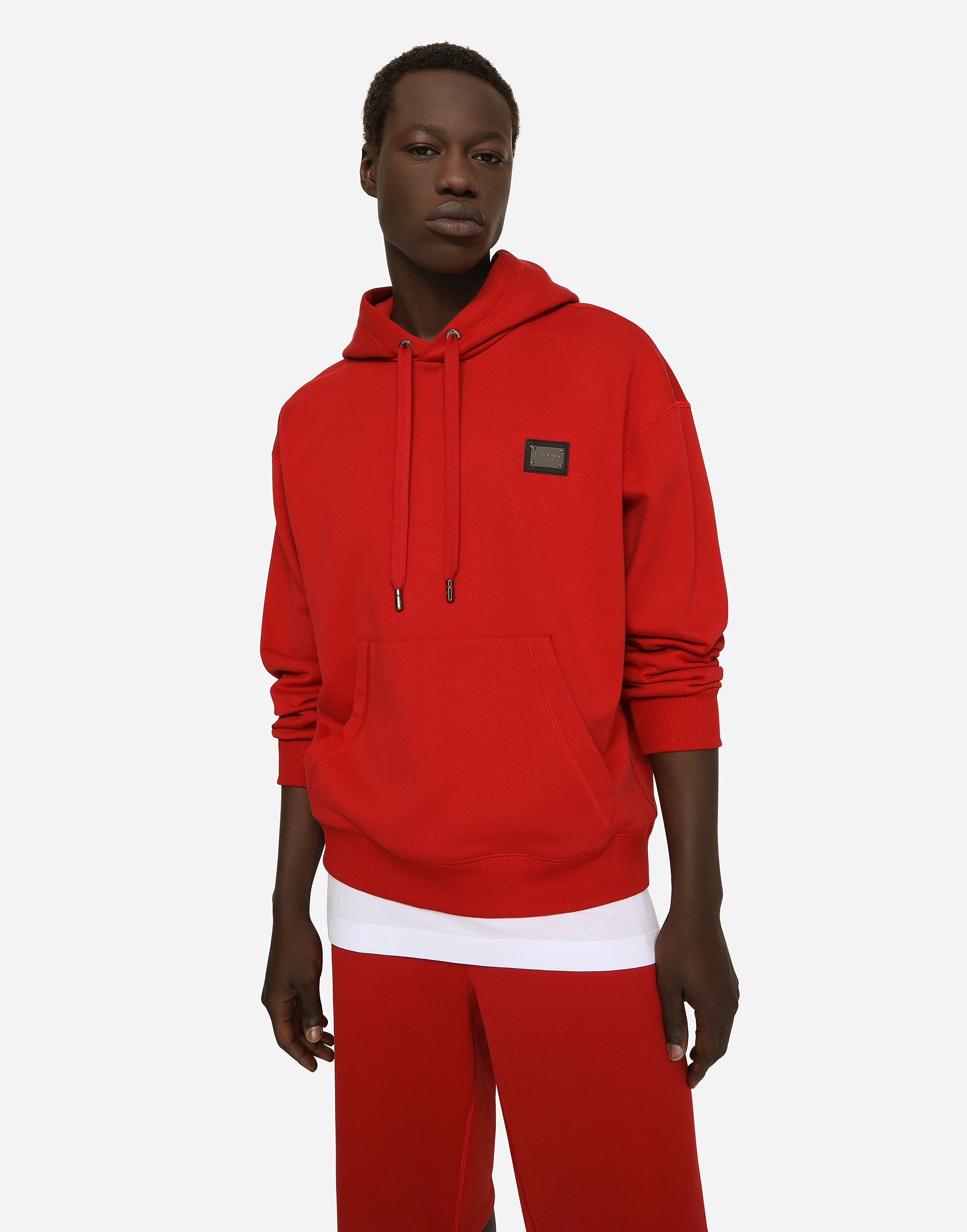 Shop Dolce & Gabbana Jersey Hoodie With Branded Tag In Red