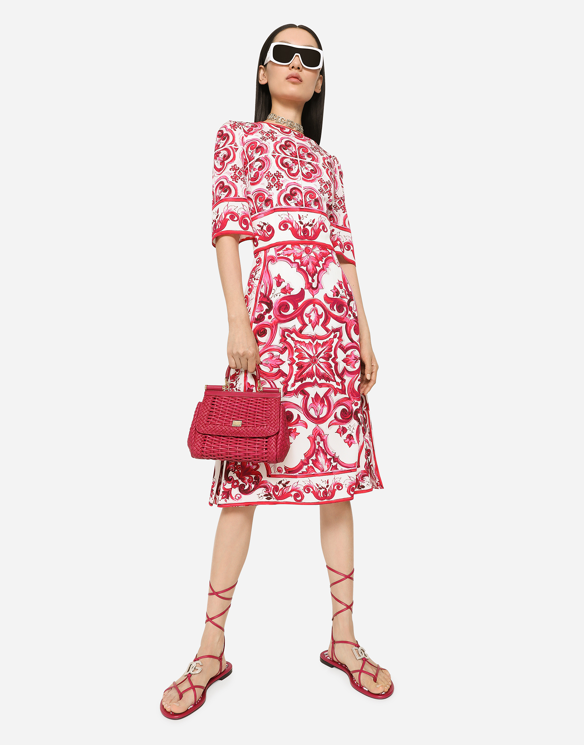 Shop Dolce & Gabbana Majolica-print charmeuse midi dress