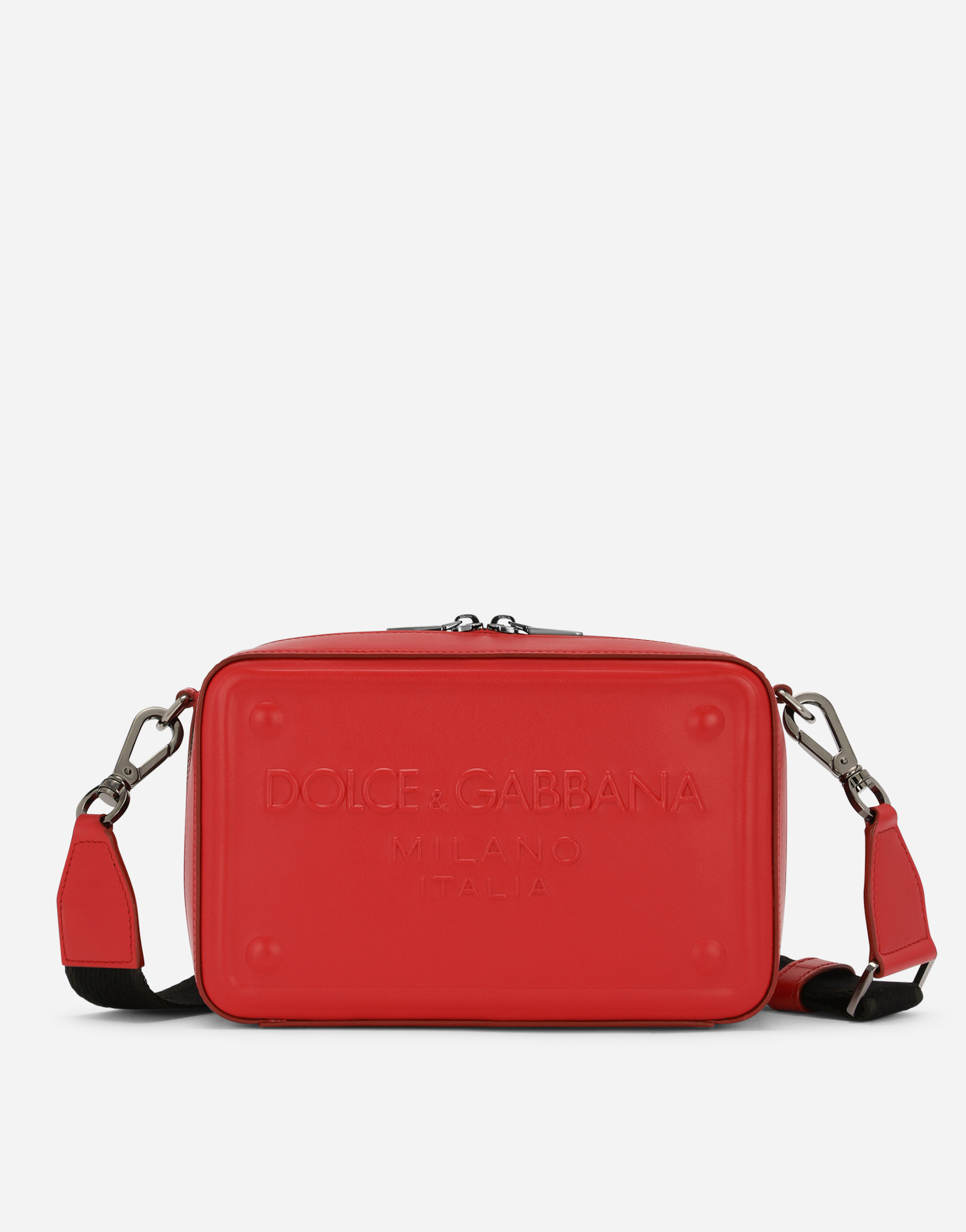 Calfskin crossbody bag with raised logo in Red for Men Dolce Gabbana