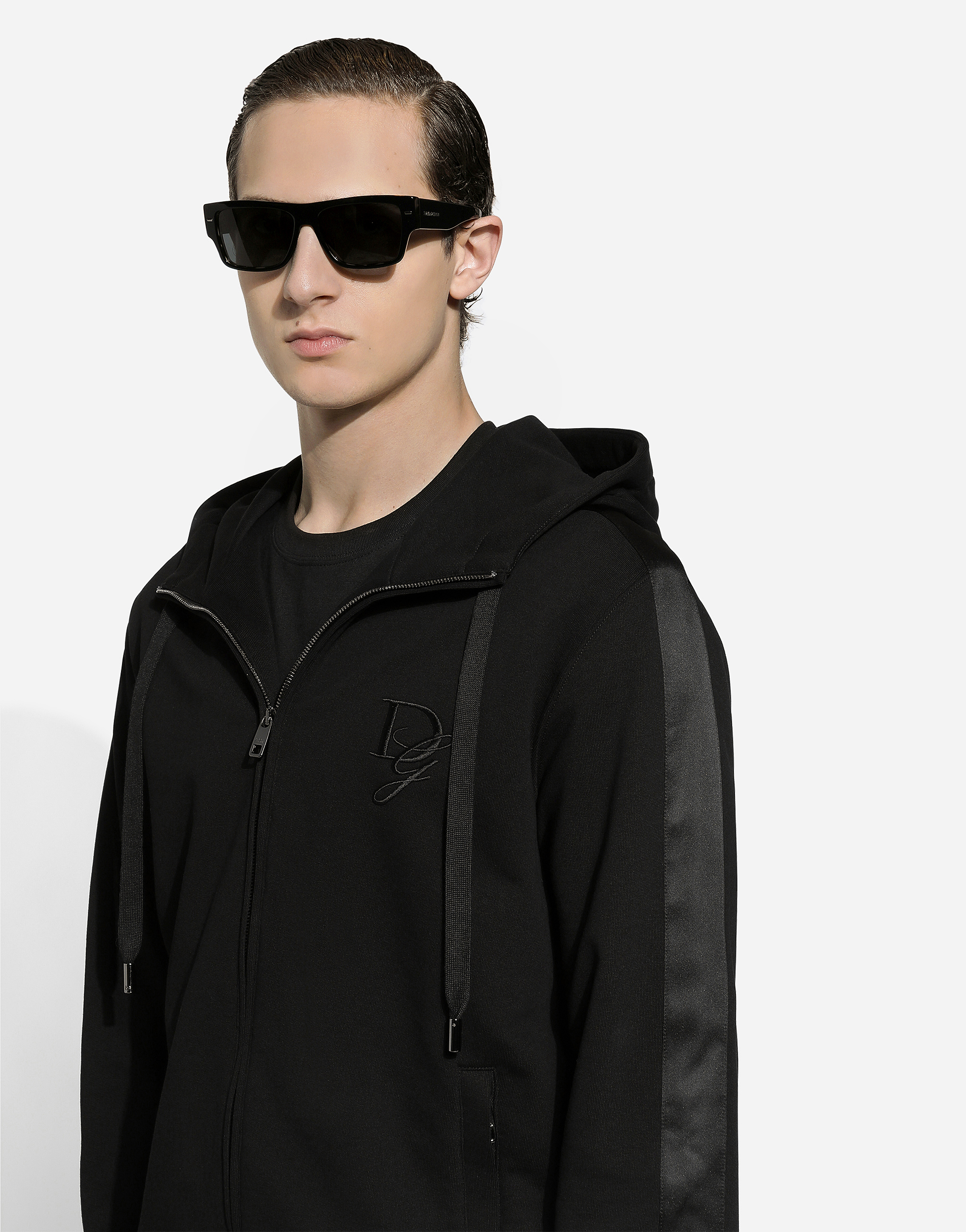 Shop Dolce & Gabbana Cotton Jersey Hoodie With Dg Embroidery In Noir