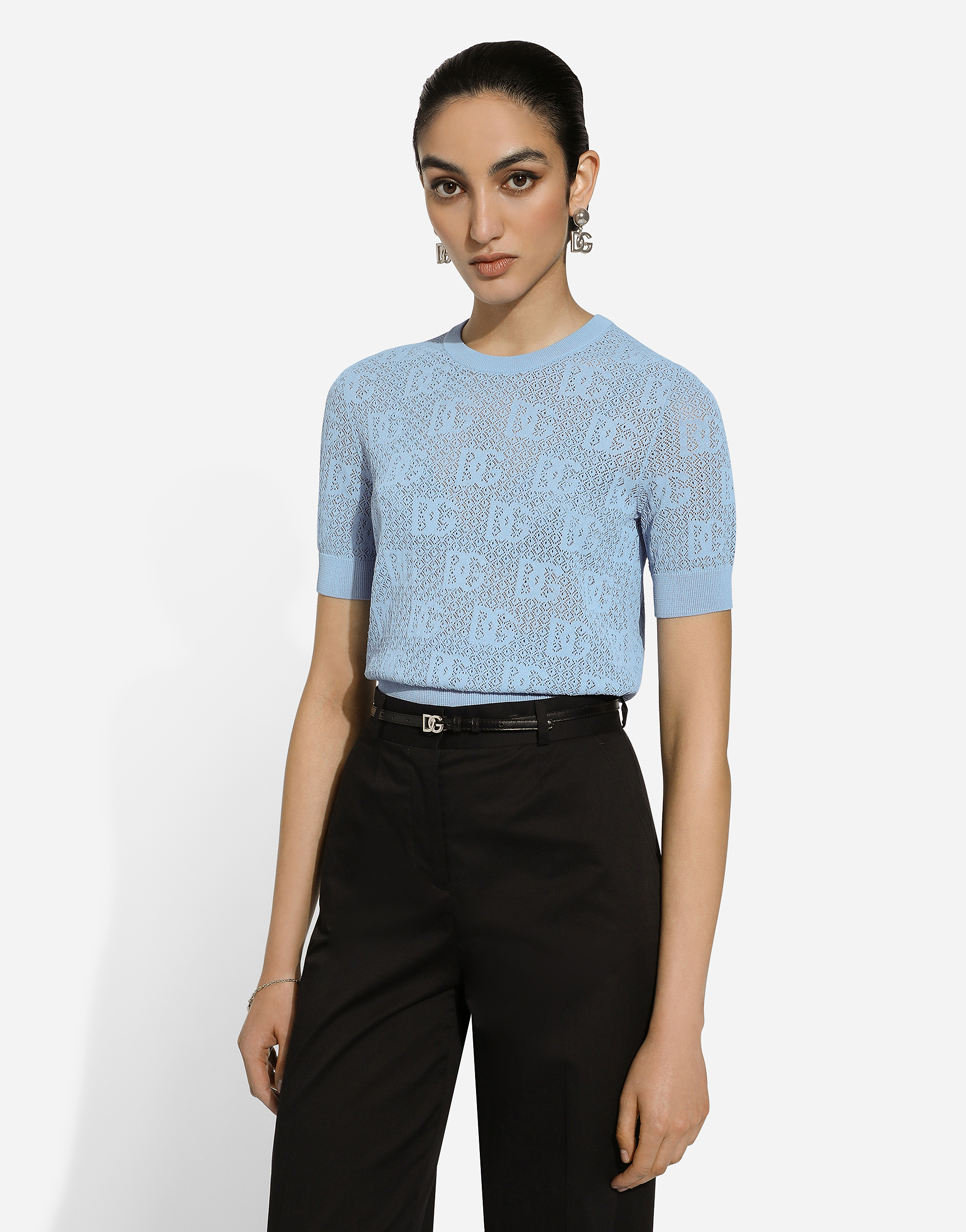 Shop Dolce & Gabbana Lace-stitch Viscose Sweater With Jacquard Dg Logo In Azure