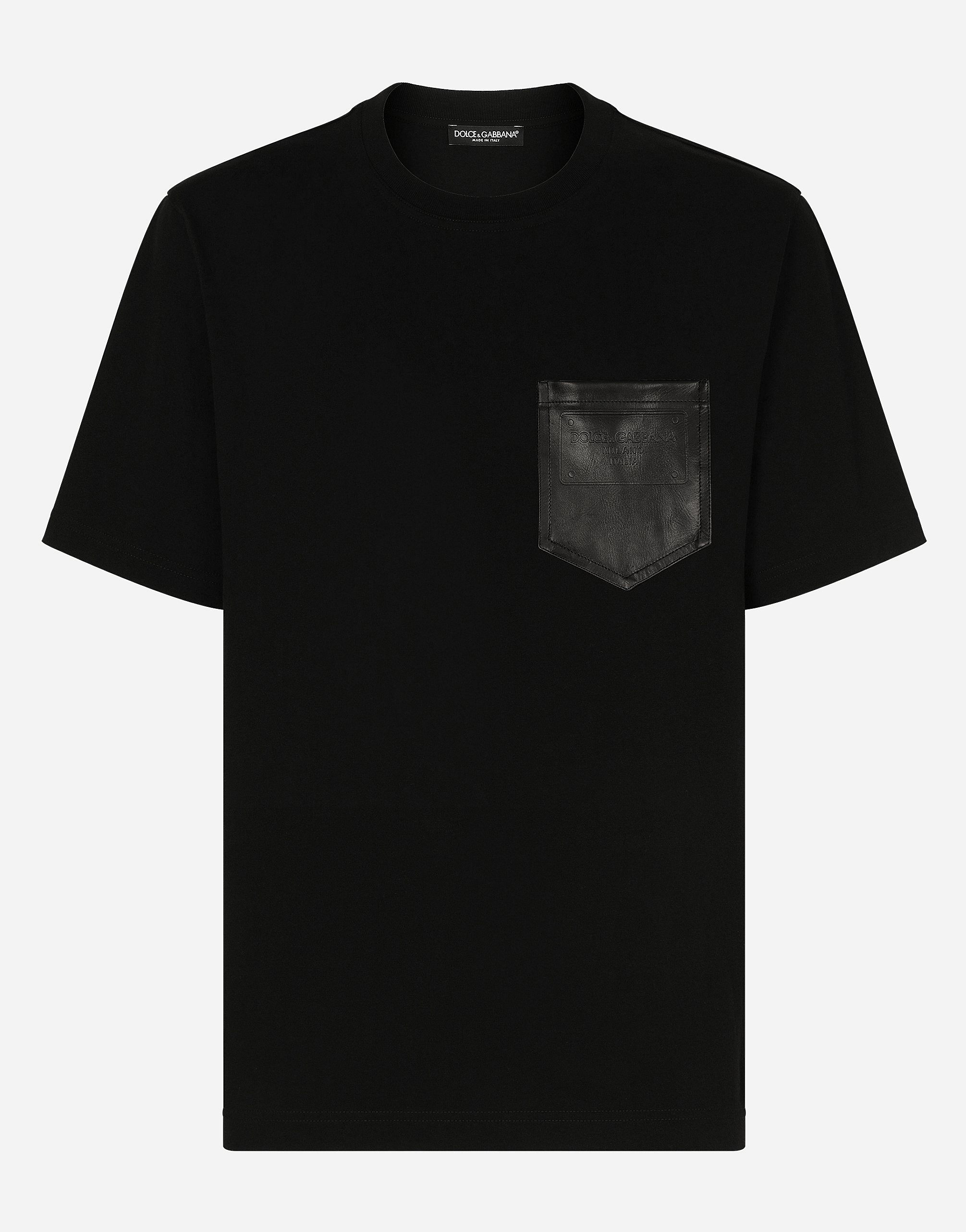 Shop Dolce & Gabbana Cotton T-shirt With Leather Breast Pocket And Logo In Black