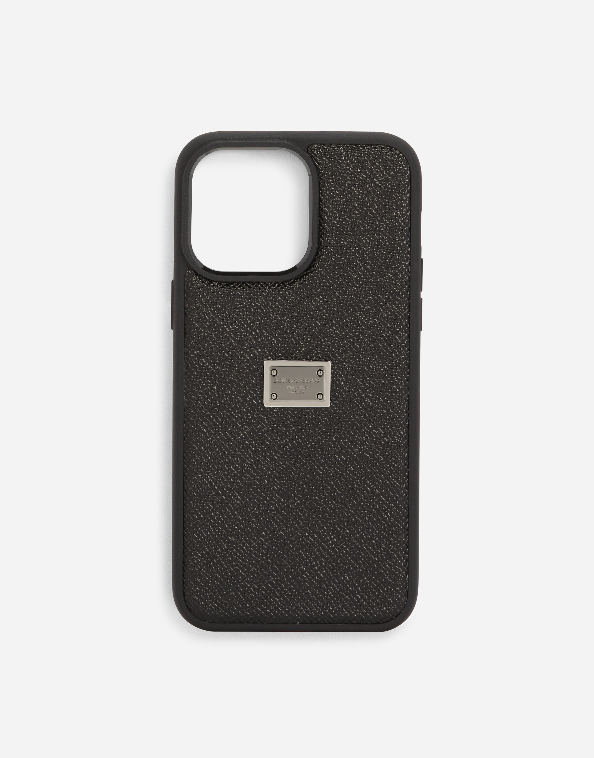 男士黑标牌装饰小牛皮iPhone 14 Pro Max 手机保护套 