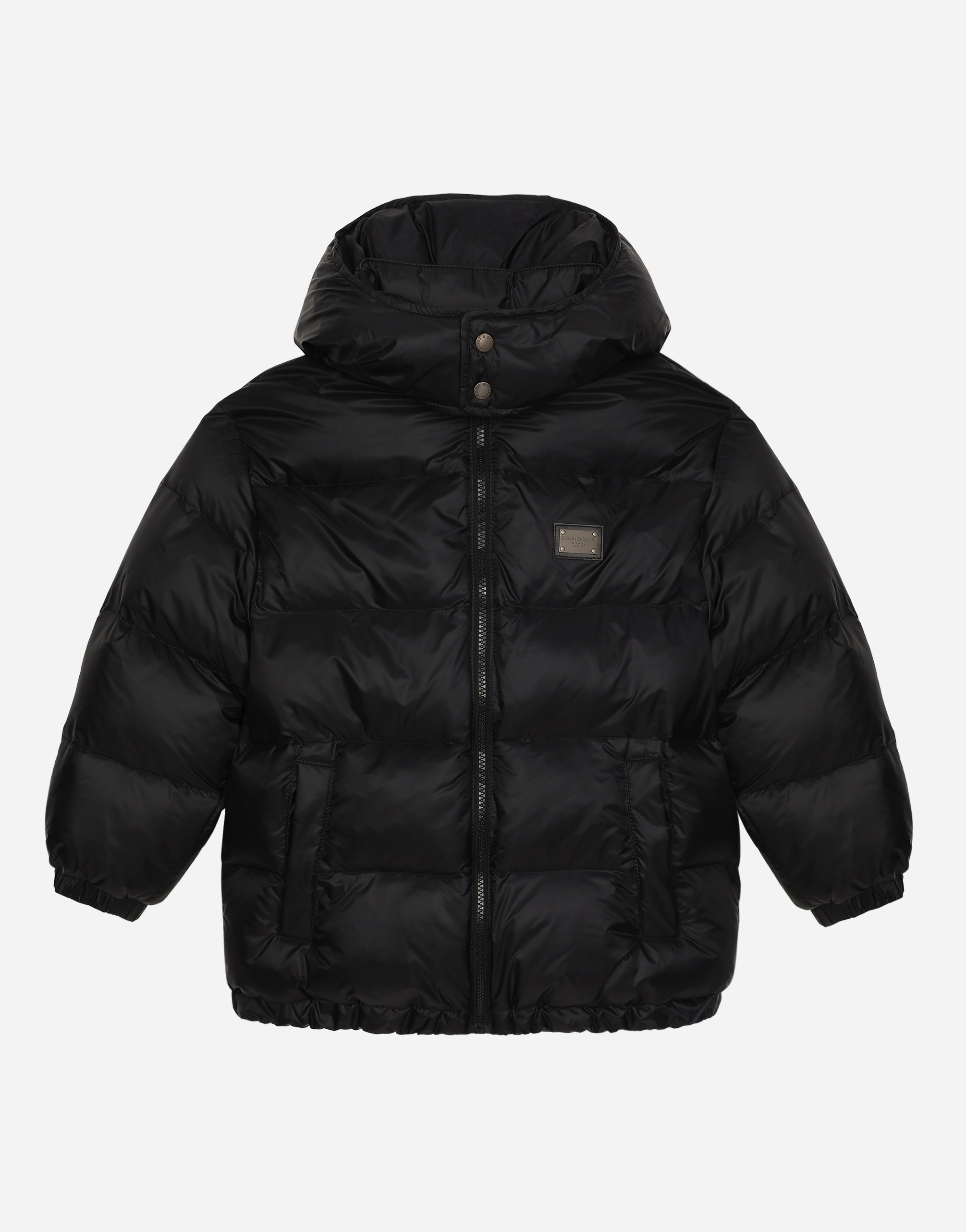 Nylon down jacket with hood and logo tag