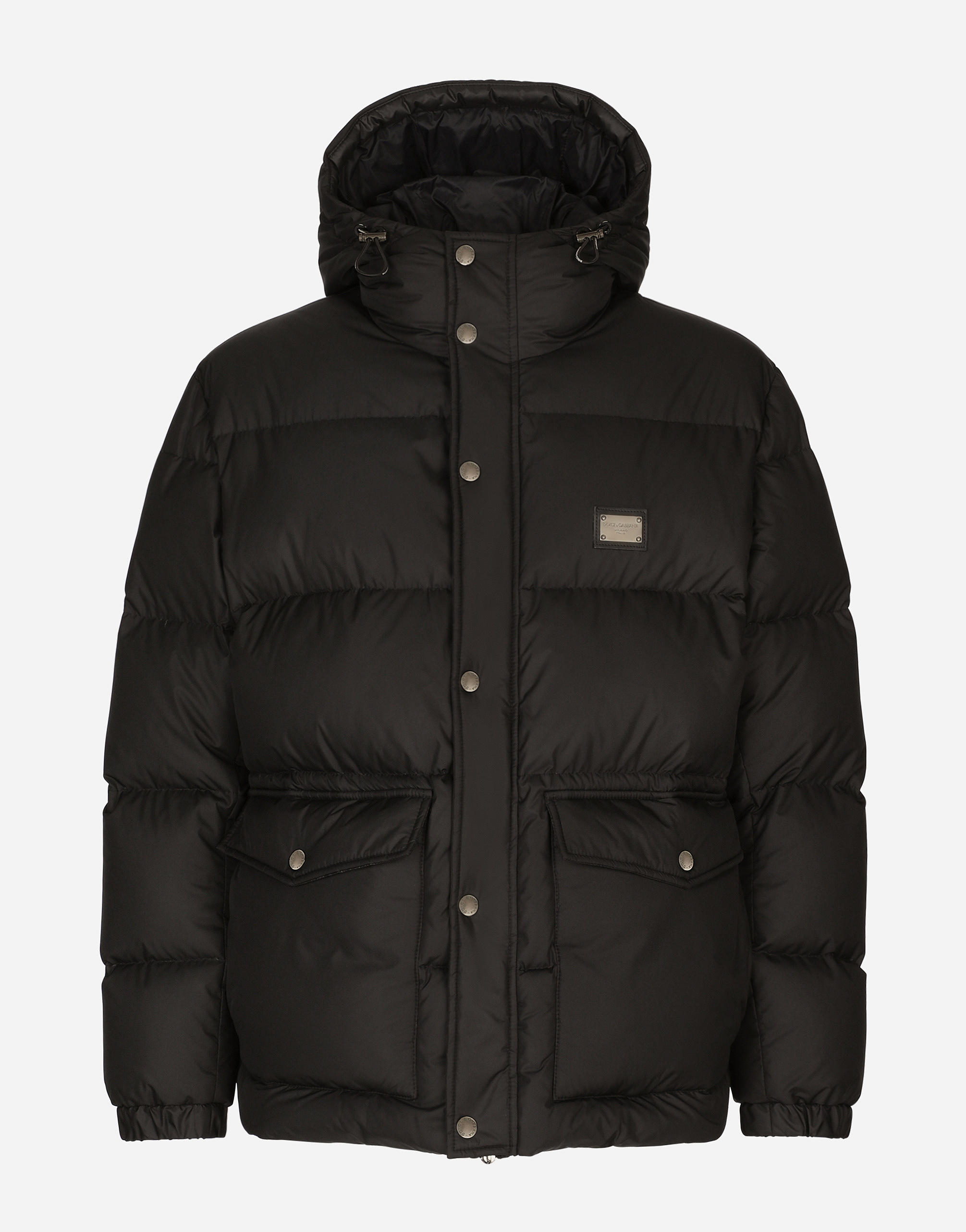 Nylon down jacket with hood and branded tag in Black for Men 