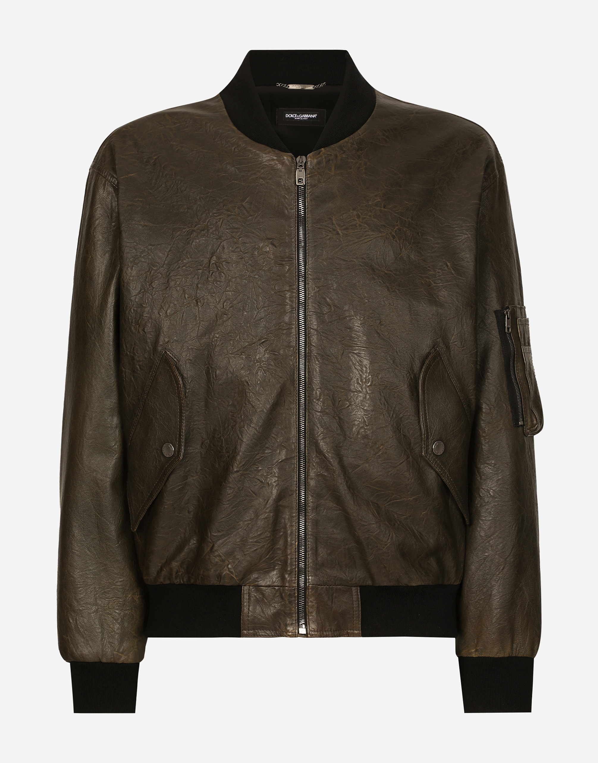 Shop Dolce & Gabbana Lined Leather Bomber Jacket In Green