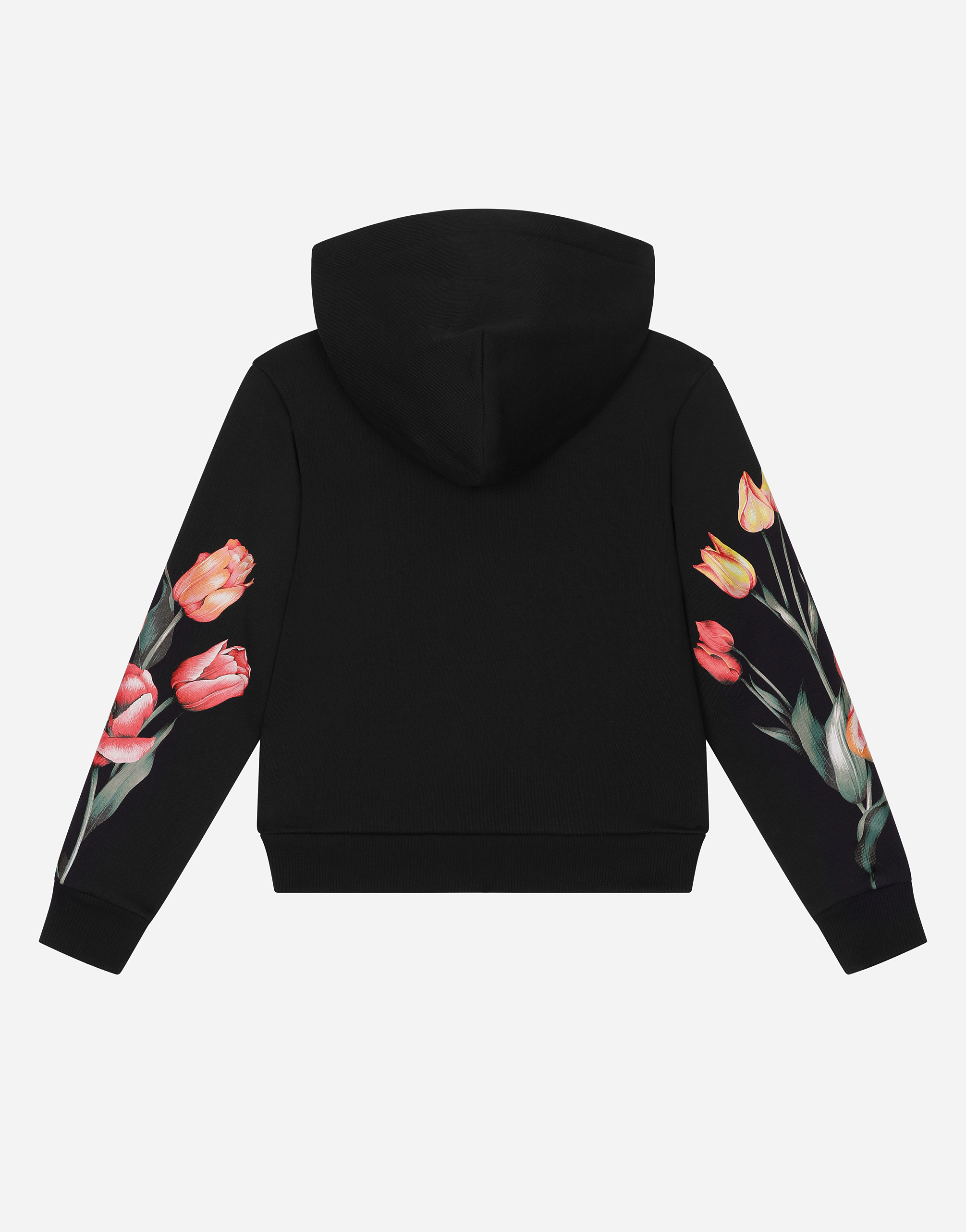 Shop Dolce & Gabbana Jersey Hoodie With Tulip Print And Branded Tag In Blue