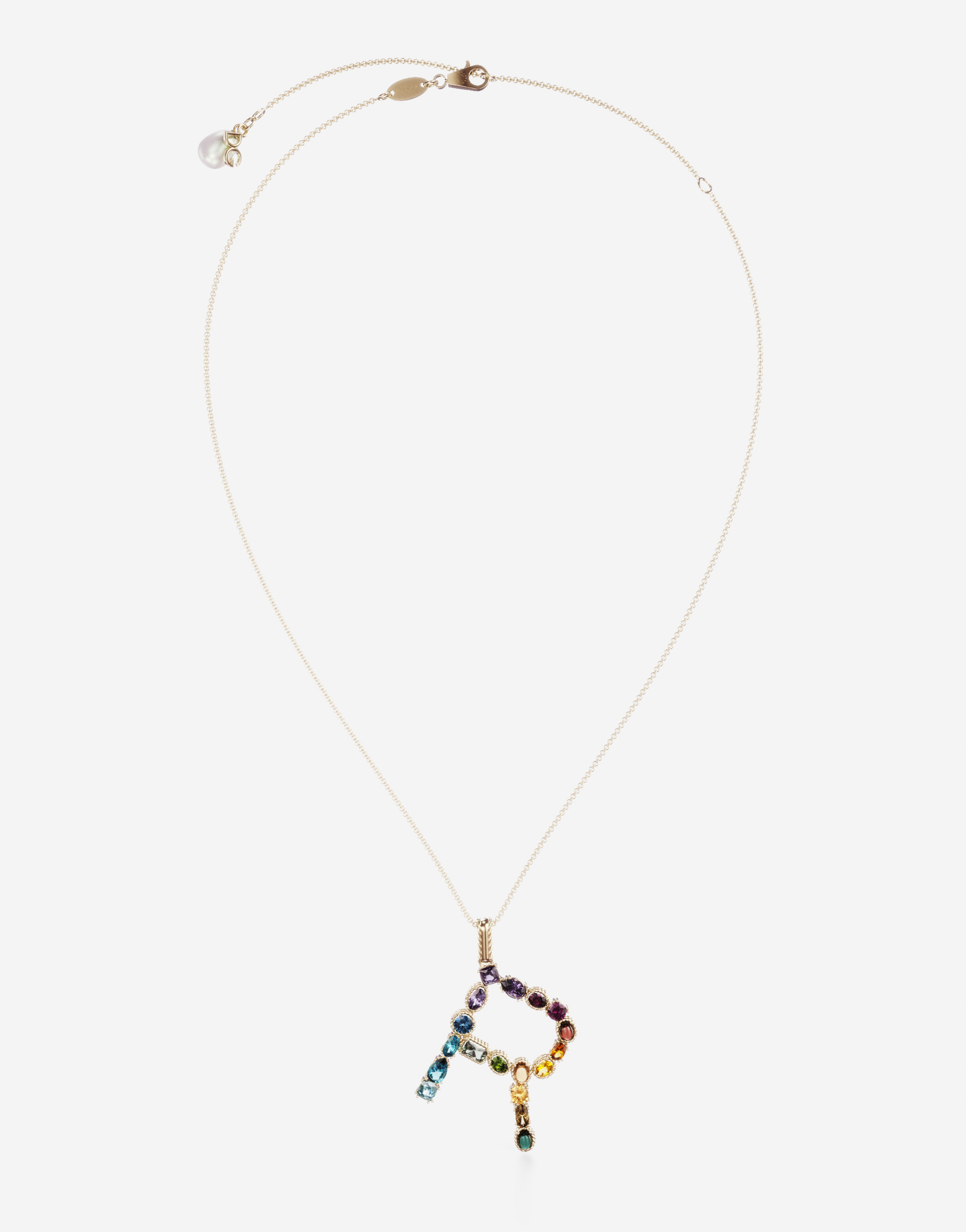 Dolce & Gabbana Rainbow Alphabet R Pendant In Yellow Gold With Multicolor Fine Gems