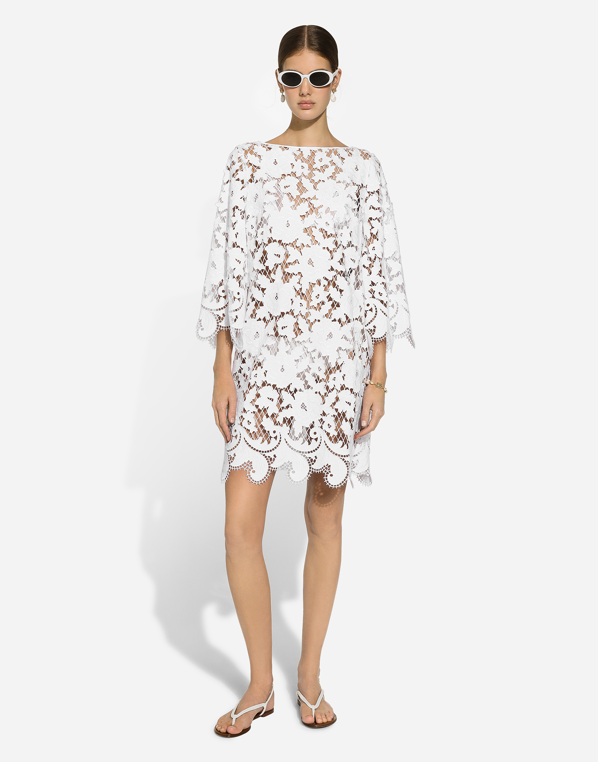 Shop Dolce & Gabbana Floaty Short Cotton Dress With Floral Openwork Embroidery In ホワイト