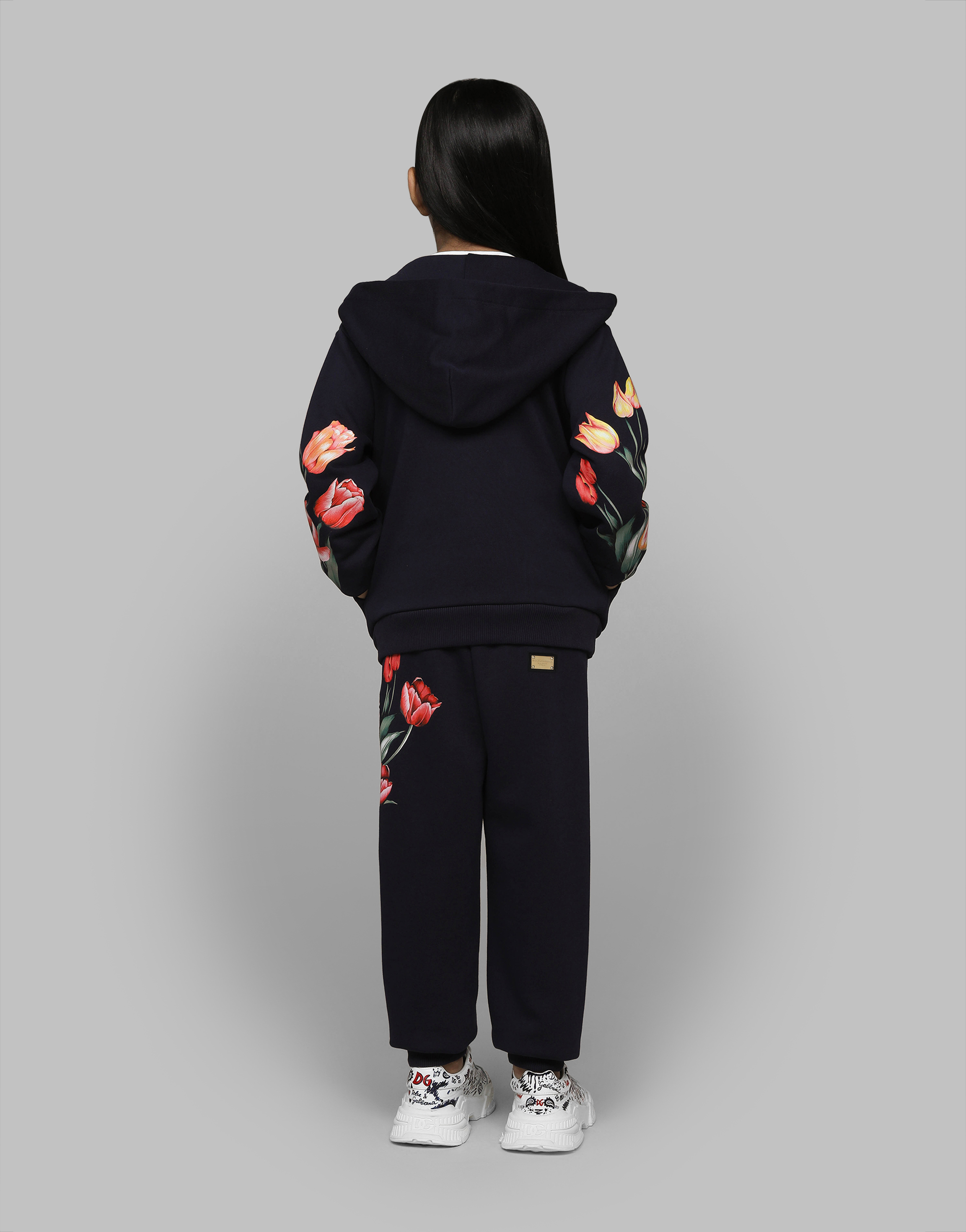 Shop Dolce & Gabbana Jersey Hoodie With Tulip Print And Branded Tag In Blue