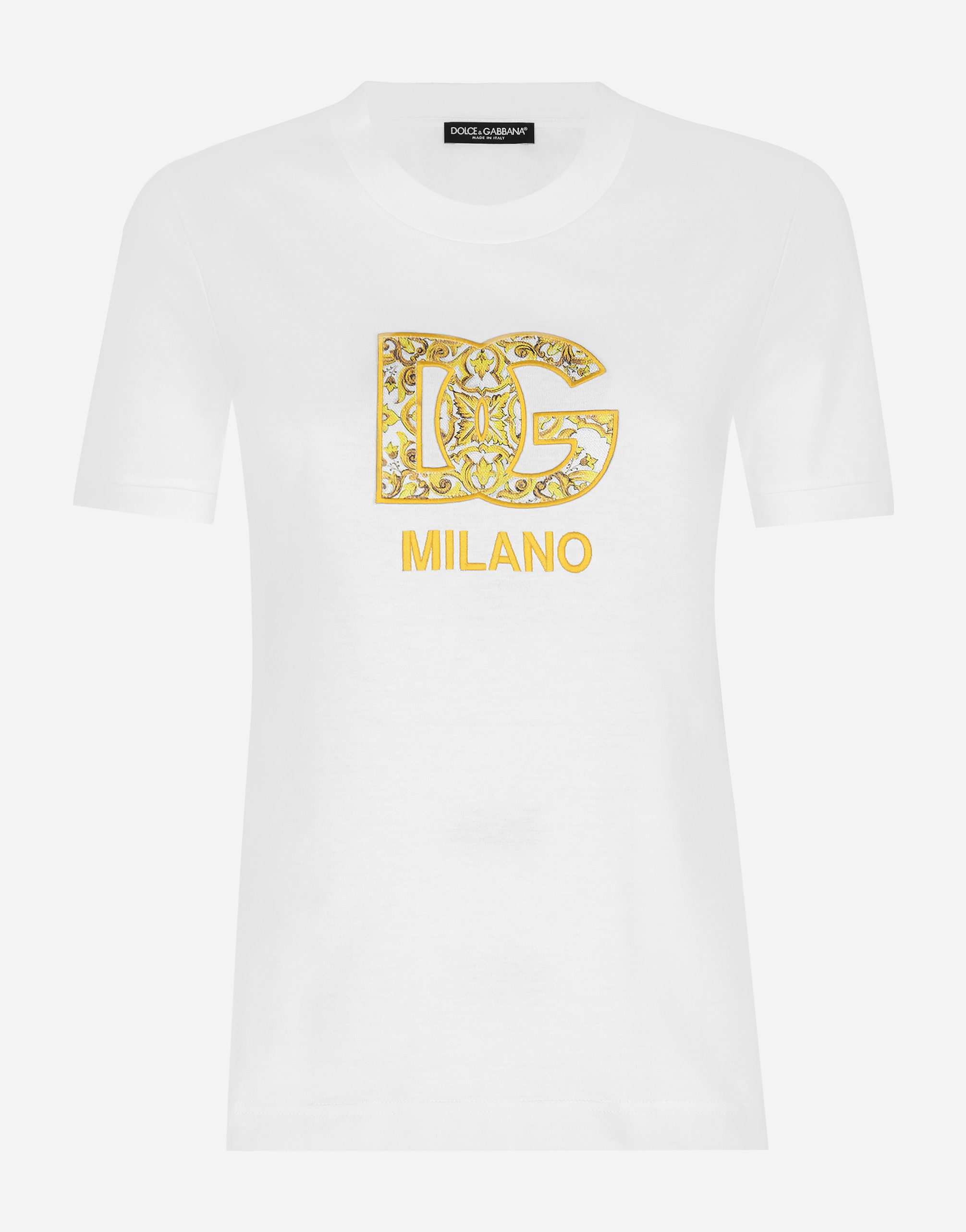 Shop Dolce & Gabbana Cotton Jersey T-shirt With Majolica-print Dg Logo Patch In Multicolor