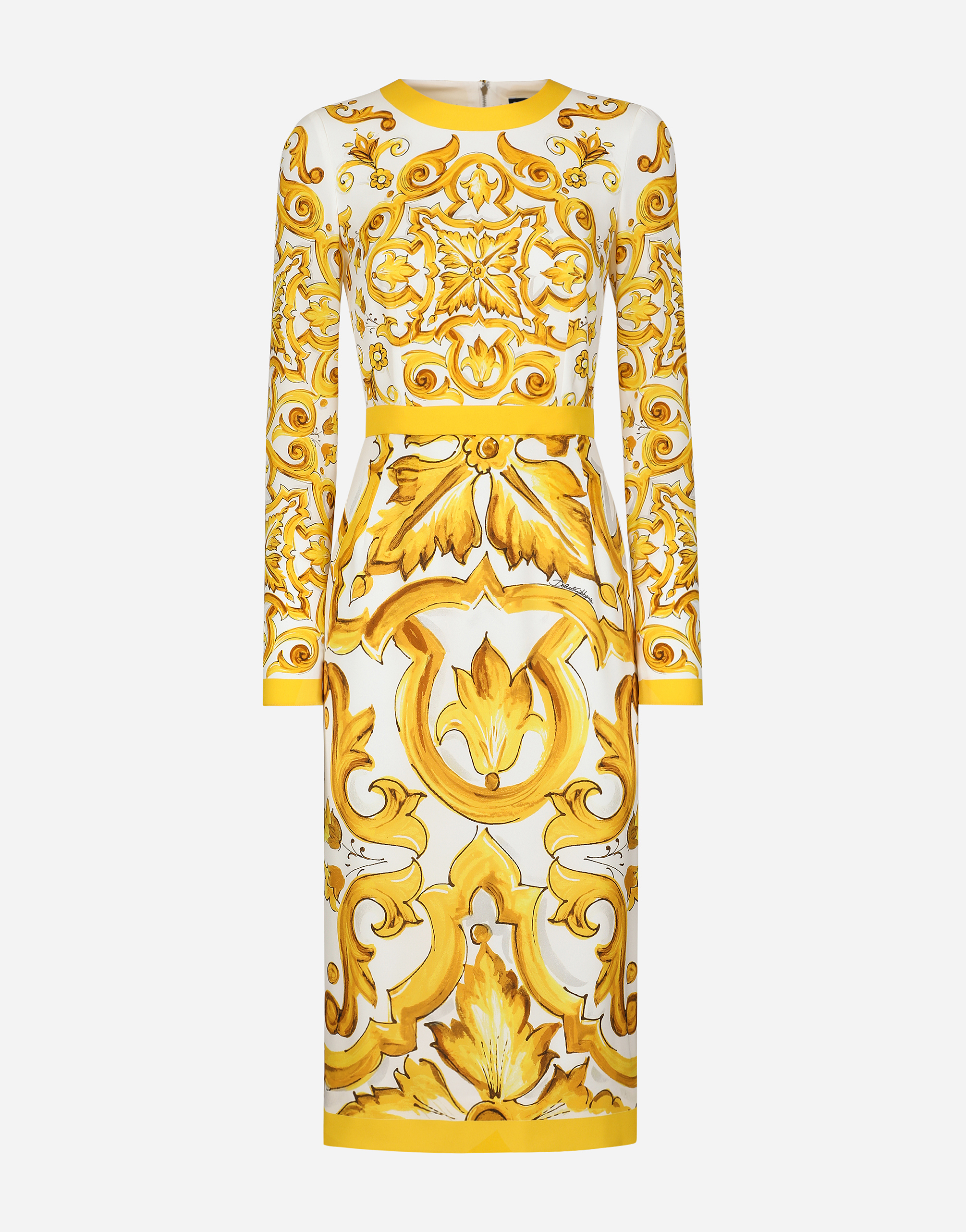 Shop Dolce & Gabbana Charmeuse Calf-length Sheath Dress With Majolica Print