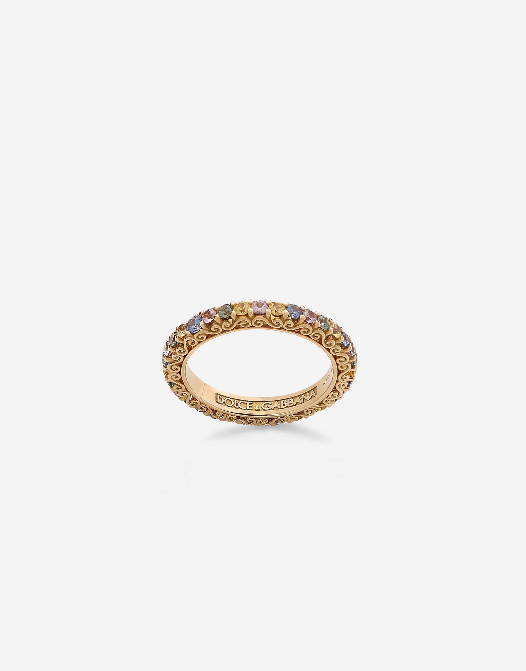 Heritage band ring in yellow 18kt gold with multicoloured sapphires