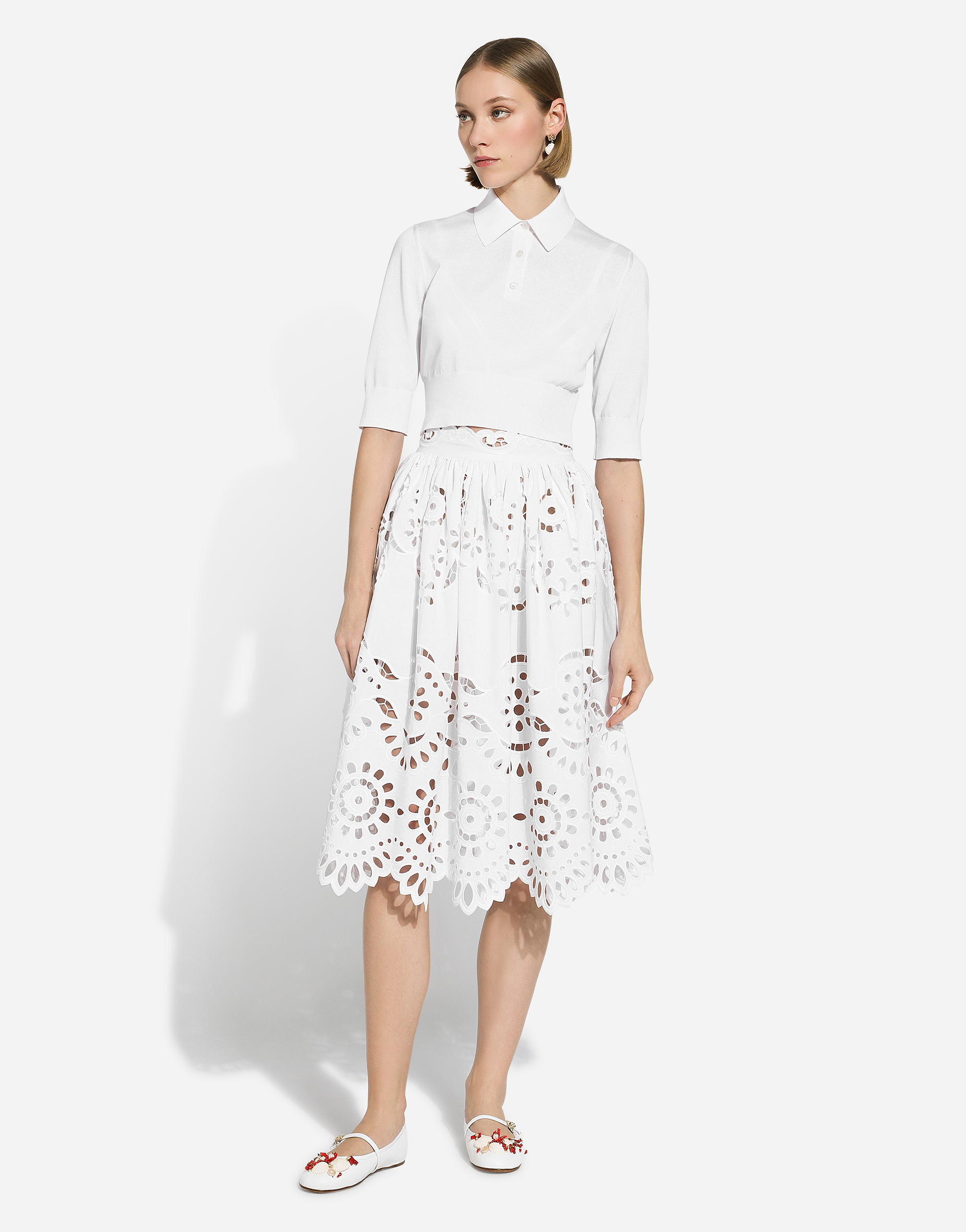 Shop Dolce & Gabbana Cotton Midi Circle Skirt With Cut-out Detailing In ホワイト