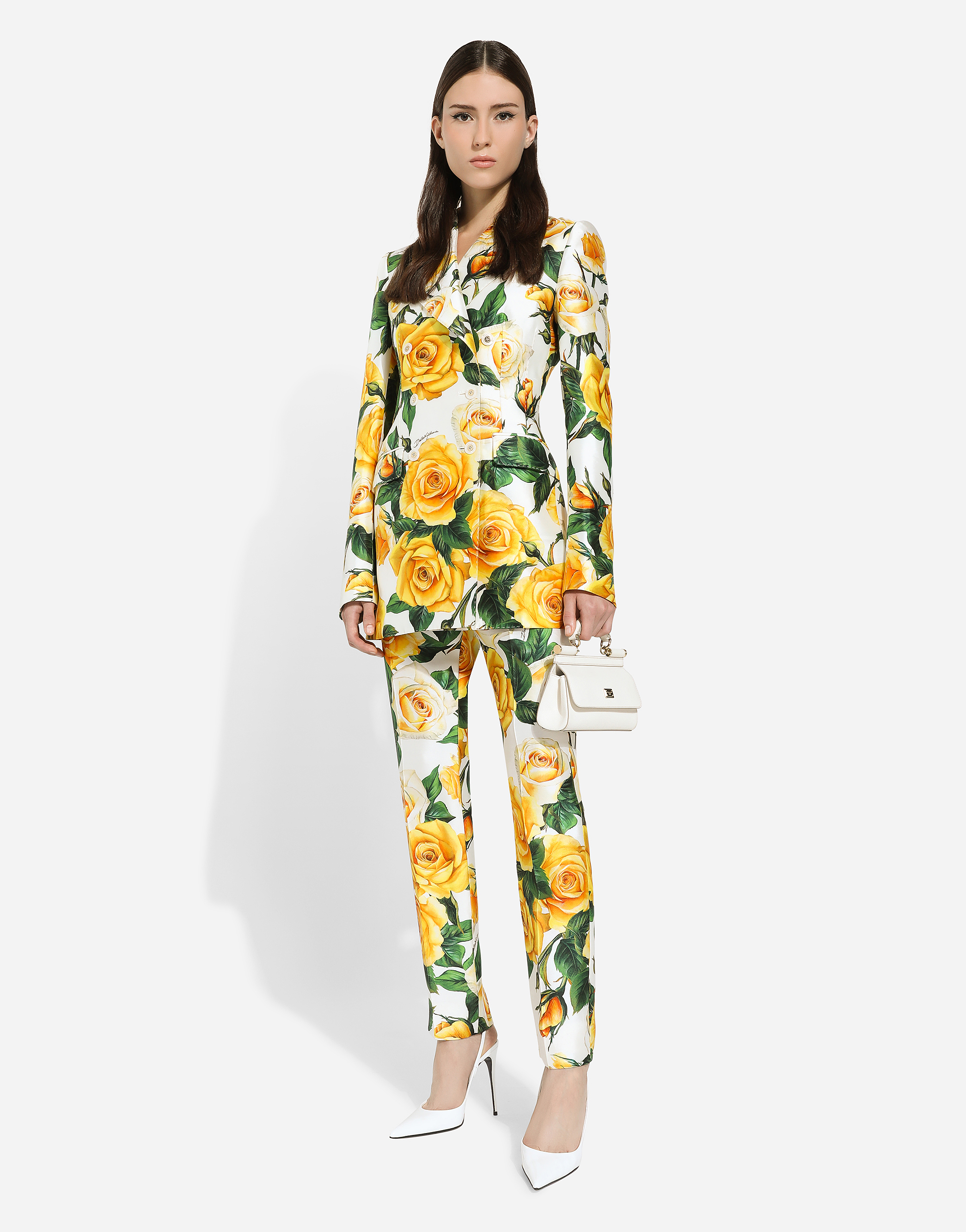 Shop Dolce & Gabbana High-waisted Mikado Pants With Yellow Rose Print