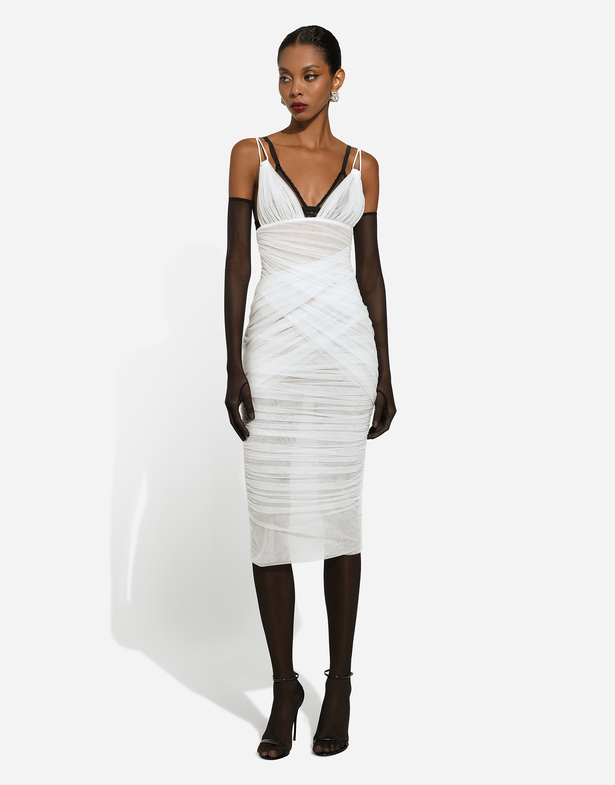 Shop Dolce & Gabbana Tulle Draped Calf-length Dress In White