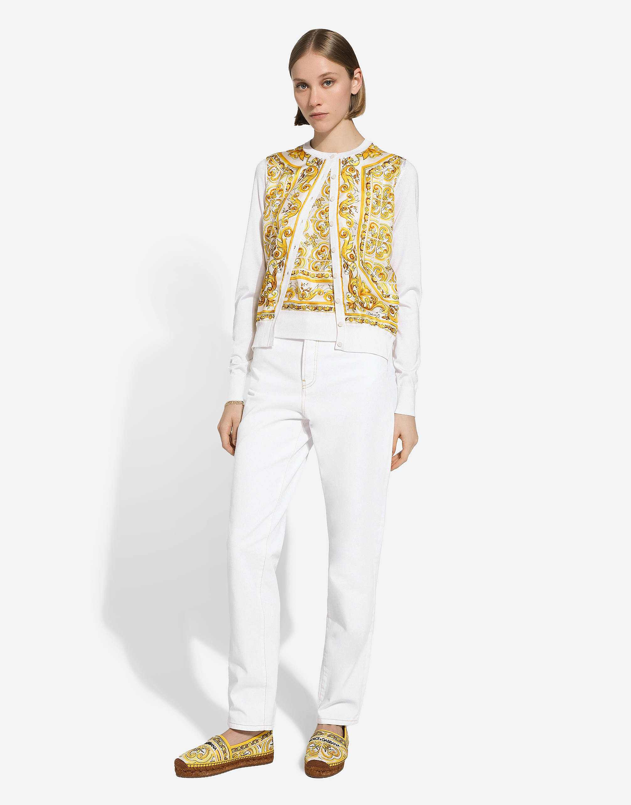 Shop Dolce & Gabbana Silk Cardigan With Majolica-print Silk Twill Panel On The Front