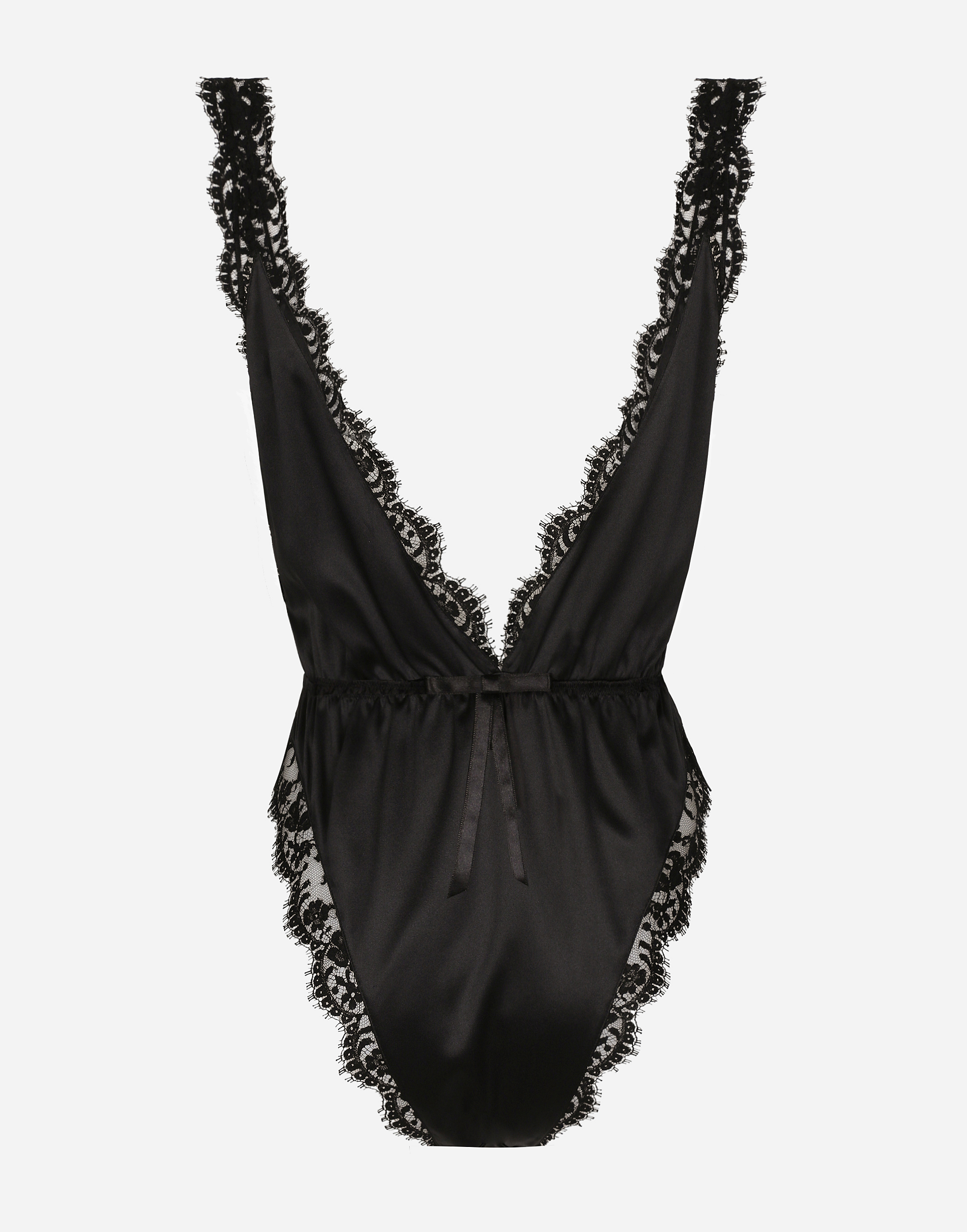 Shop Dolce & Gabbana Lace And Satin Bodysuit With High-cut Leg In Black