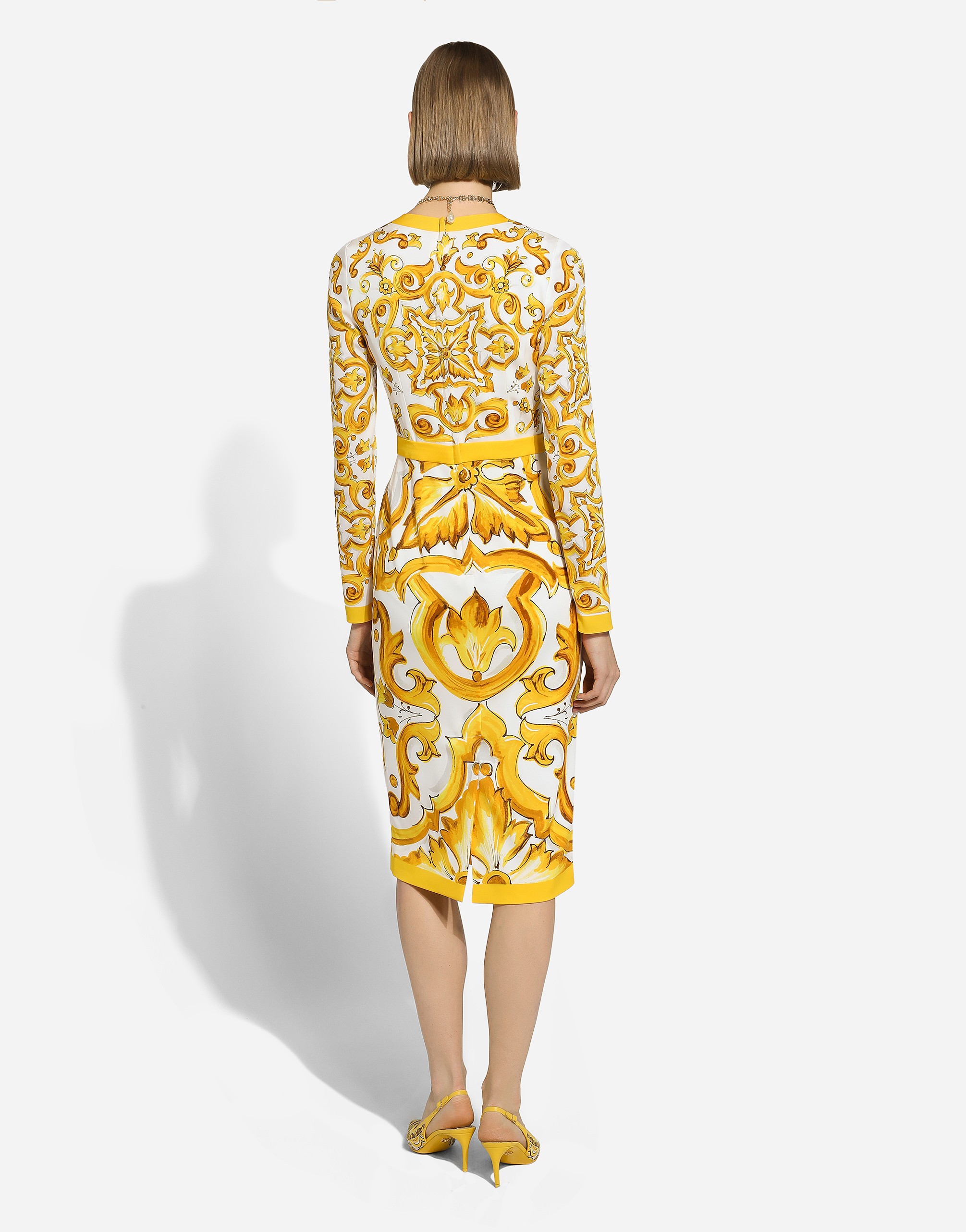 Shop Dolce & Gabbana Charmeuse Calf-length Sheath Dress With Majolica Print