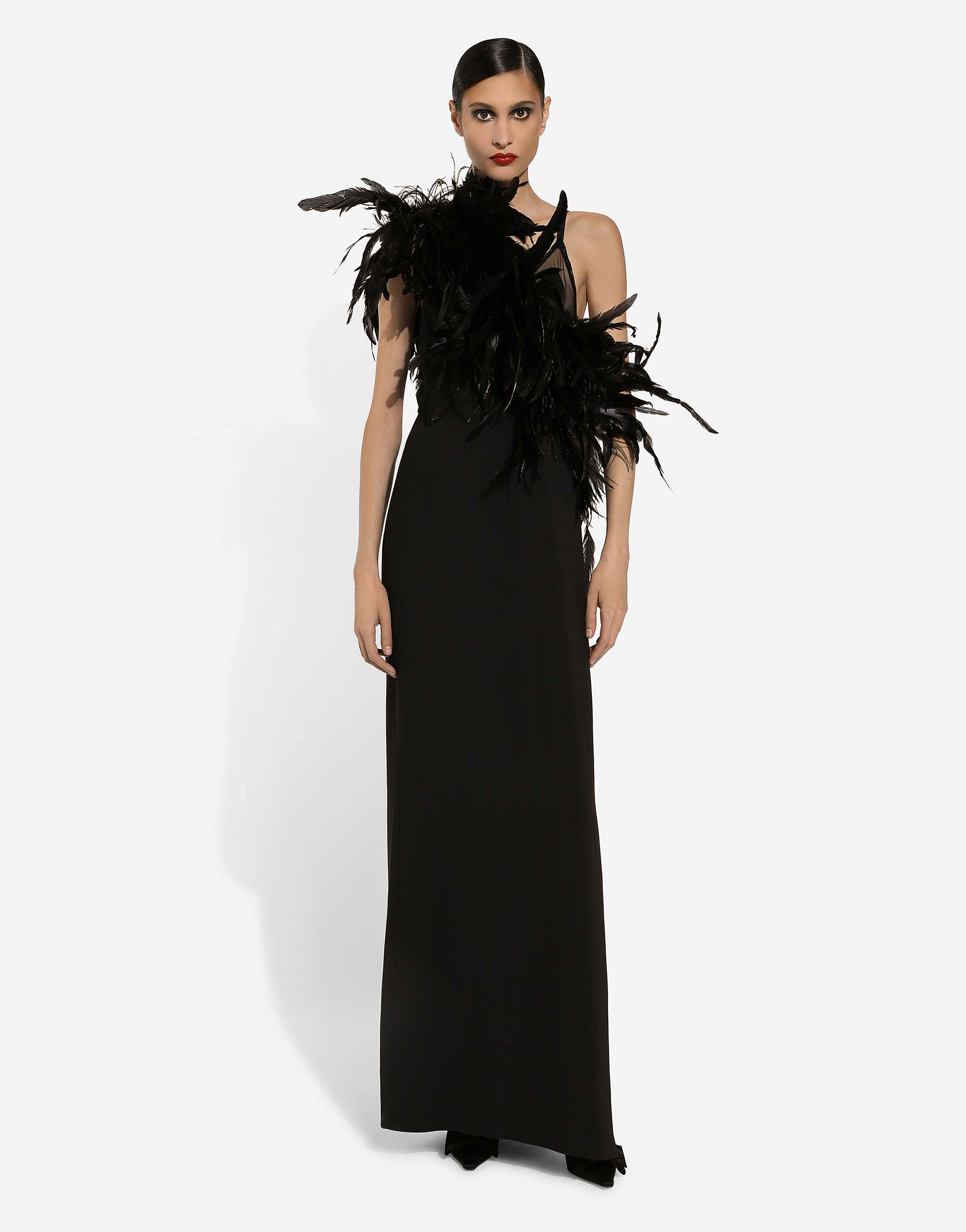 Shop Dolce & Gabbana Long One-shoulder Stretch Cady Dress With Feathered Neckline In Black