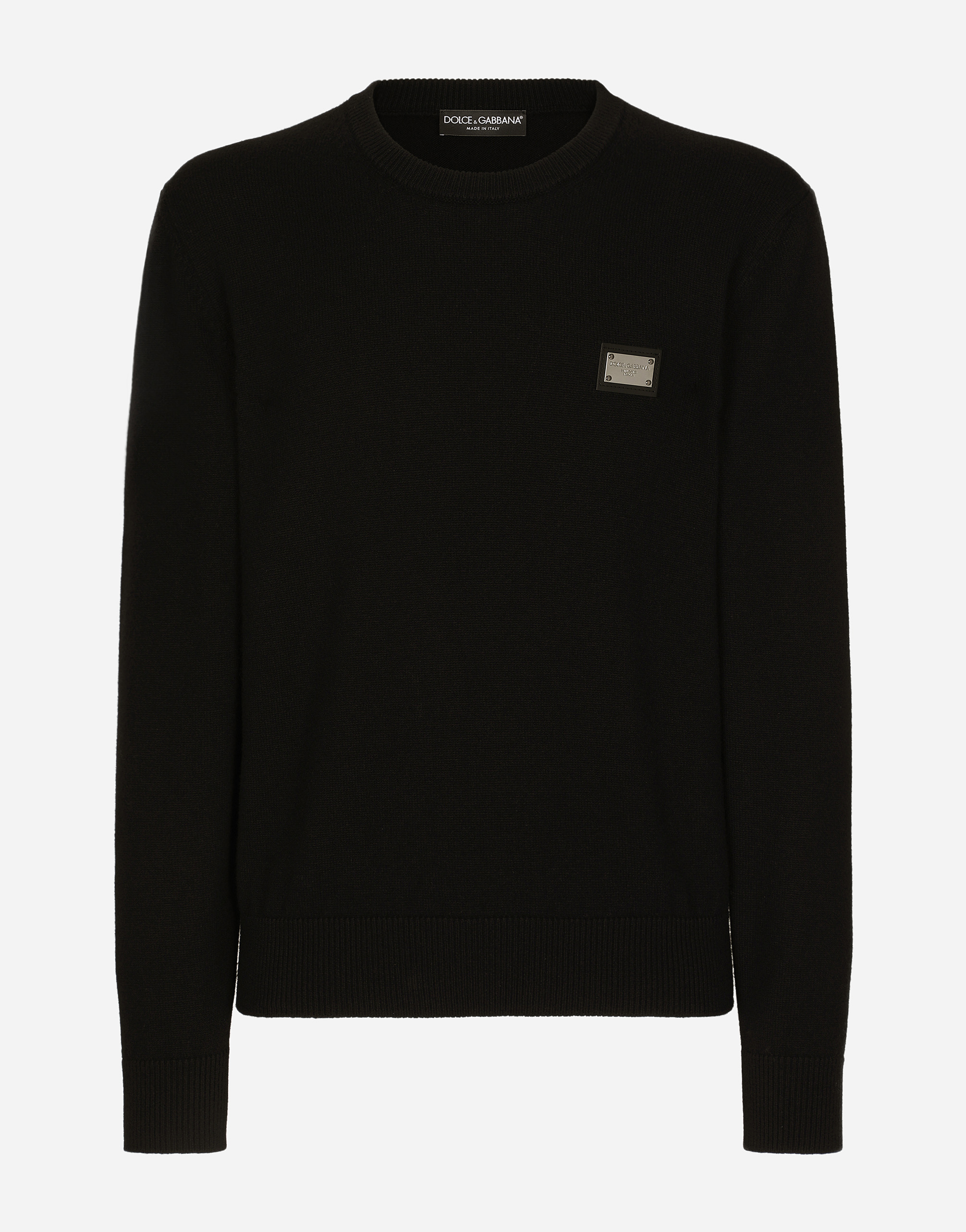 Shop Dolce & Gabbana Wool Round-neck Sweater With Branded Tag In Black