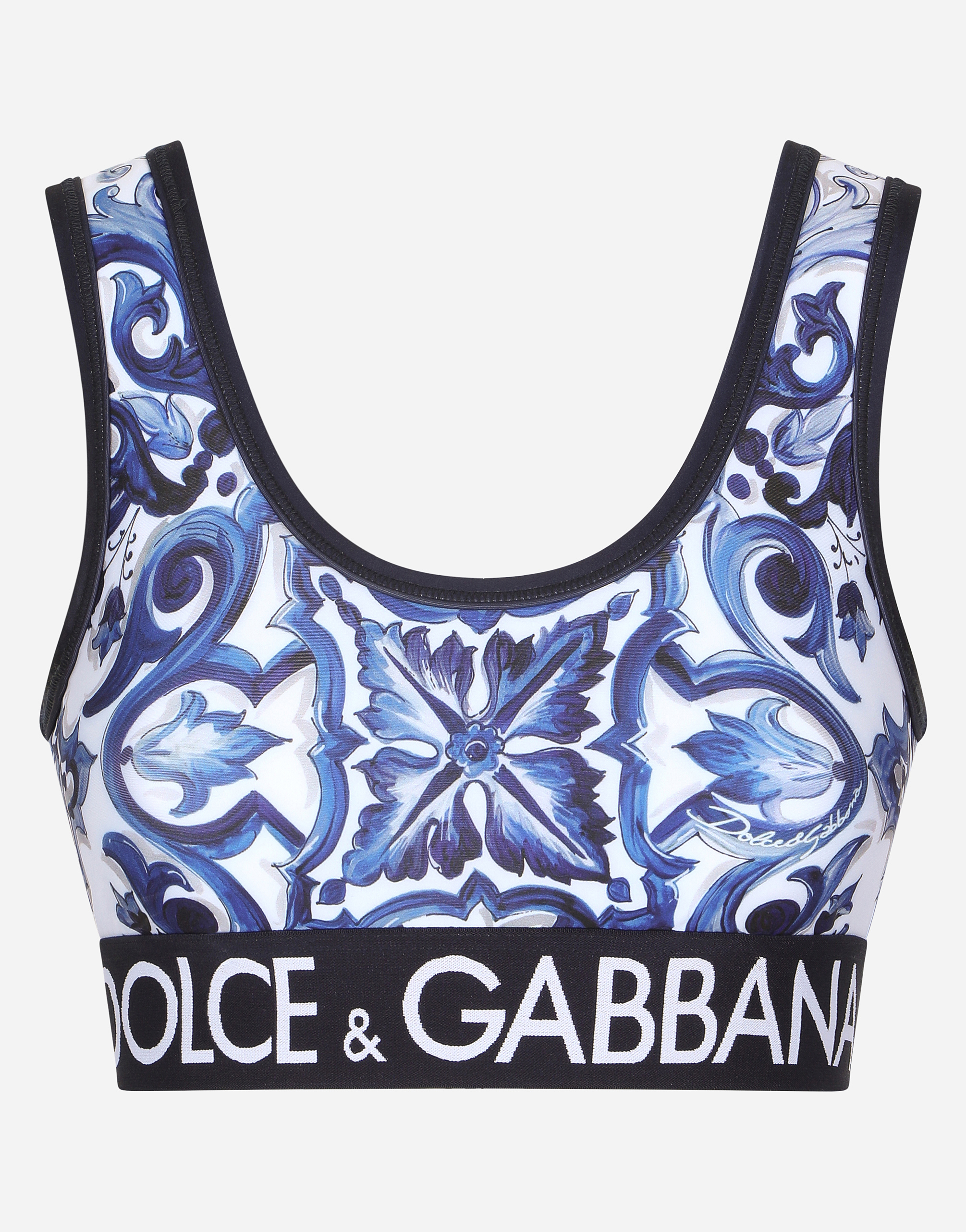 Dolce & Gabbana Majolica-print Jersey Top With Branded Elastic In Blue,white