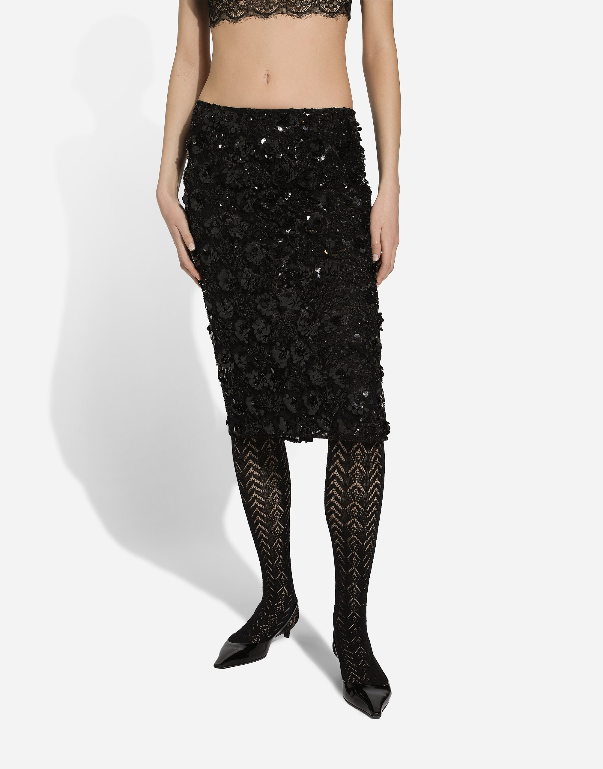 Shop Dolce & Gabbana Lace Calf-length Skirt With All-over Sequins In ブラック