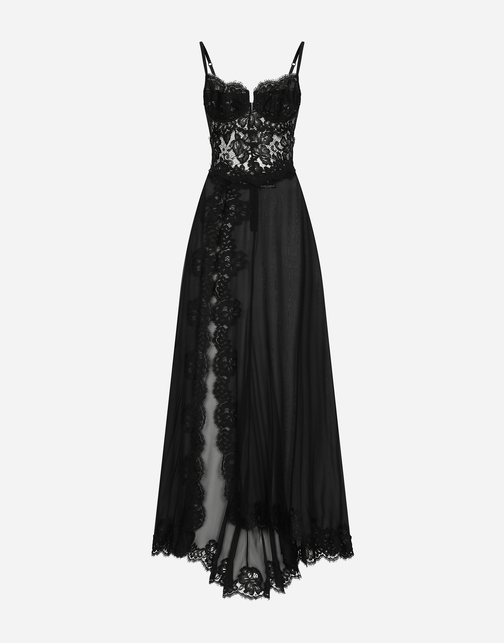 Shop Dolce & Gabbana Long Silk Chiffon And Chantilly Lace Slip Dress In Black