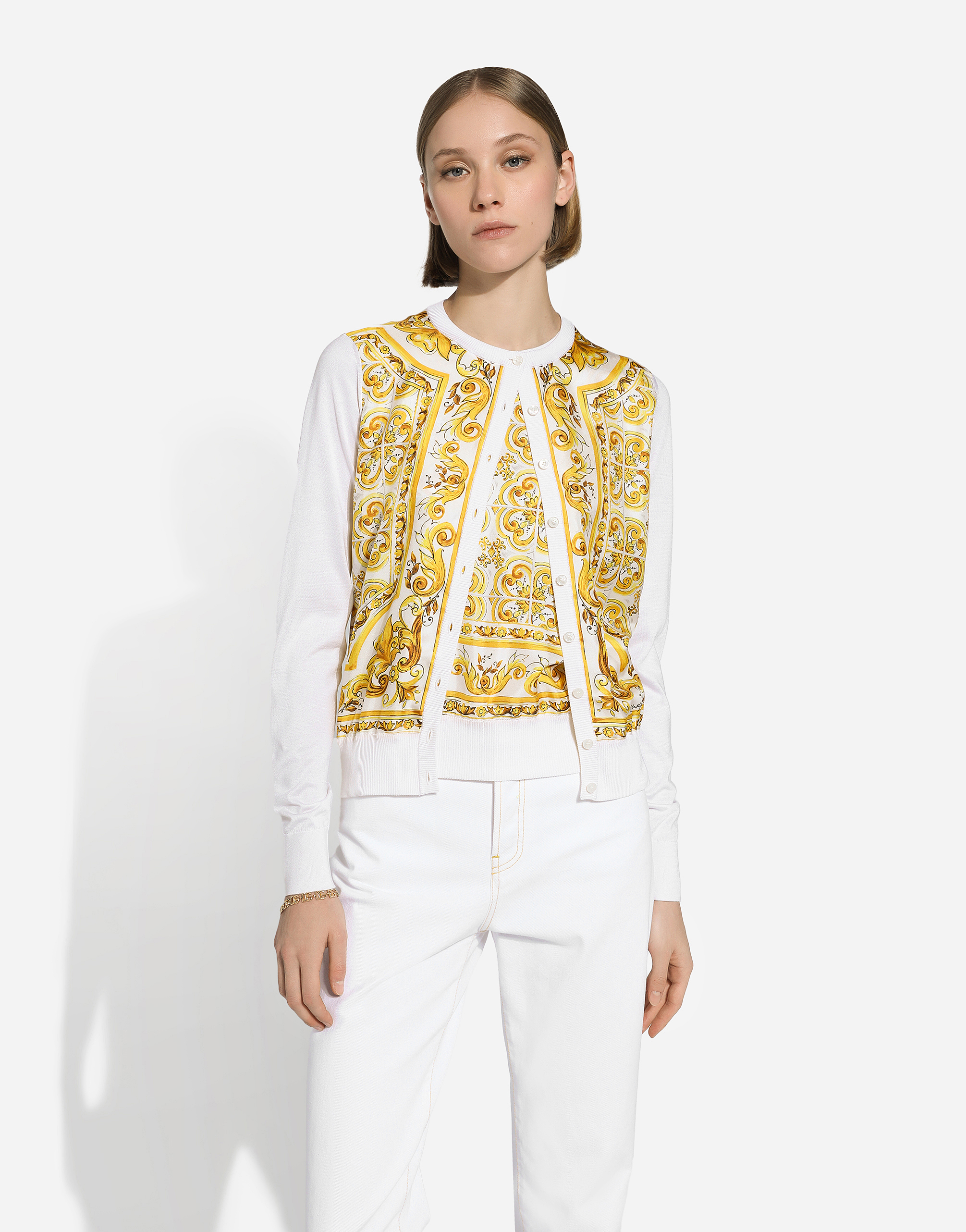 Shop Dolce & Gabbana Silk Cardigan With Majolica-print Silk Twill Panel On The Front