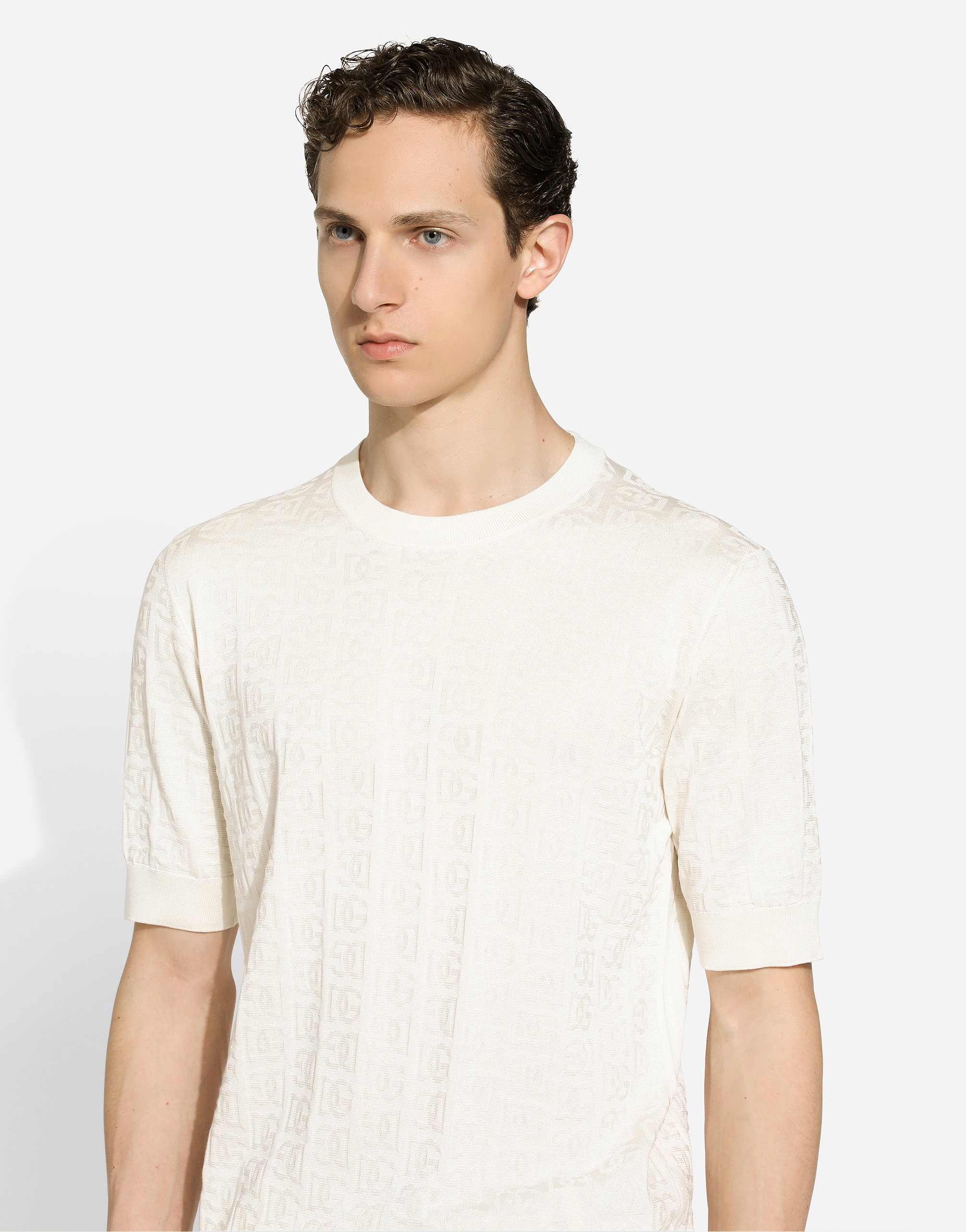 Shop Dolce & Gabbana Silk Jacquard Round-neck Sweater With Dg Logo In White