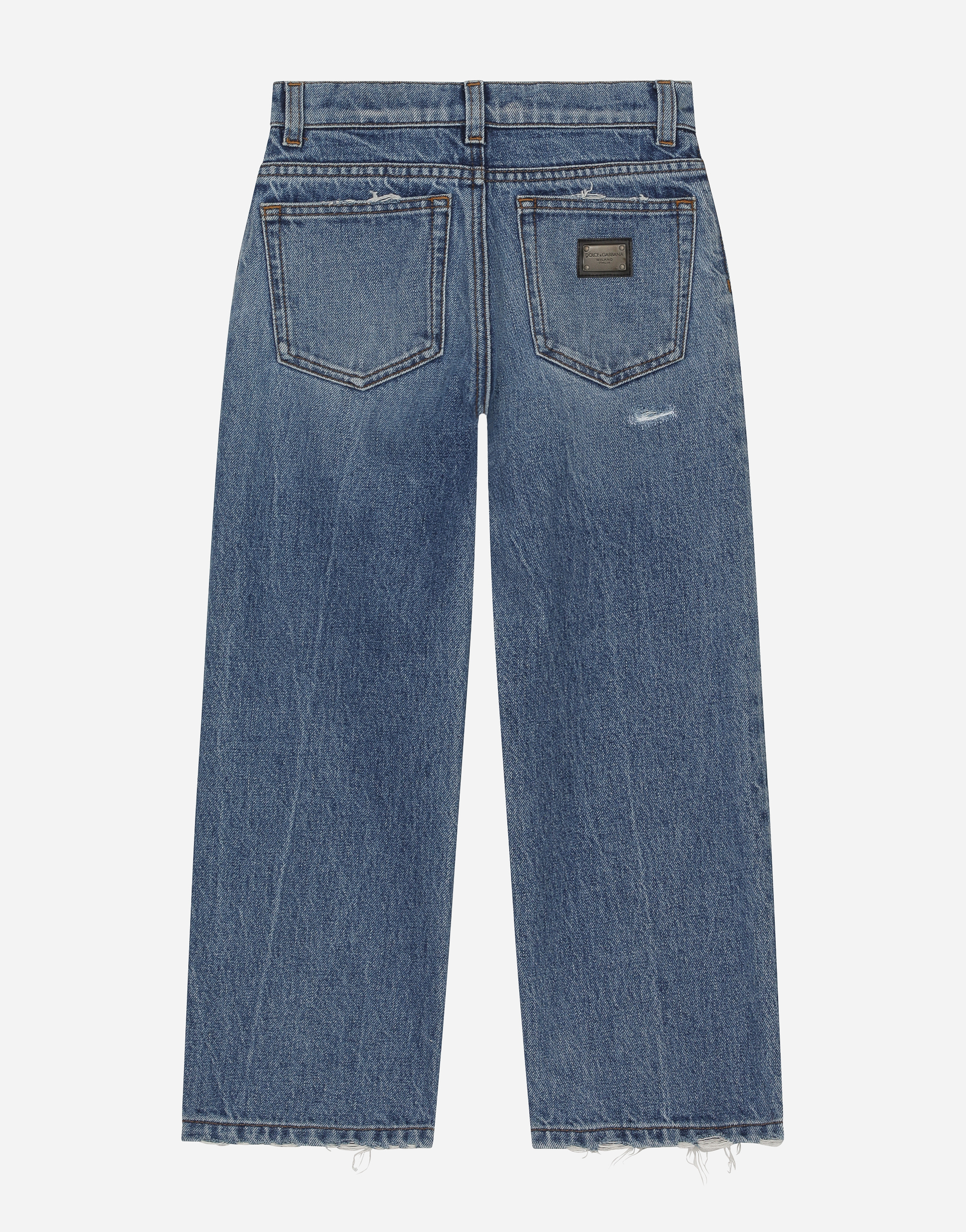 5-pocket treated denim jeans with logo tag