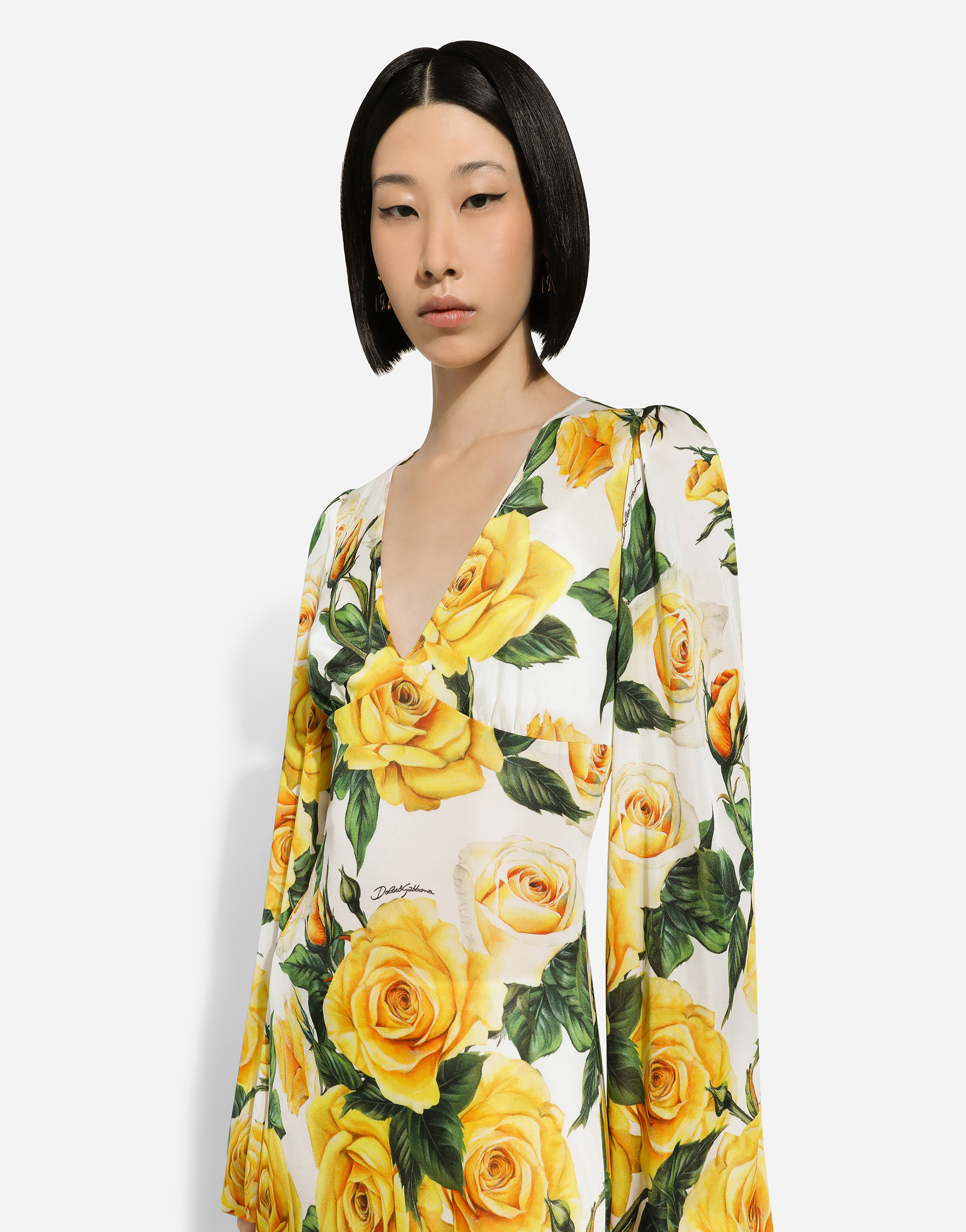 Shop Dolce & Gabbana Organzine V-neck Dress With Yellow Rose Print