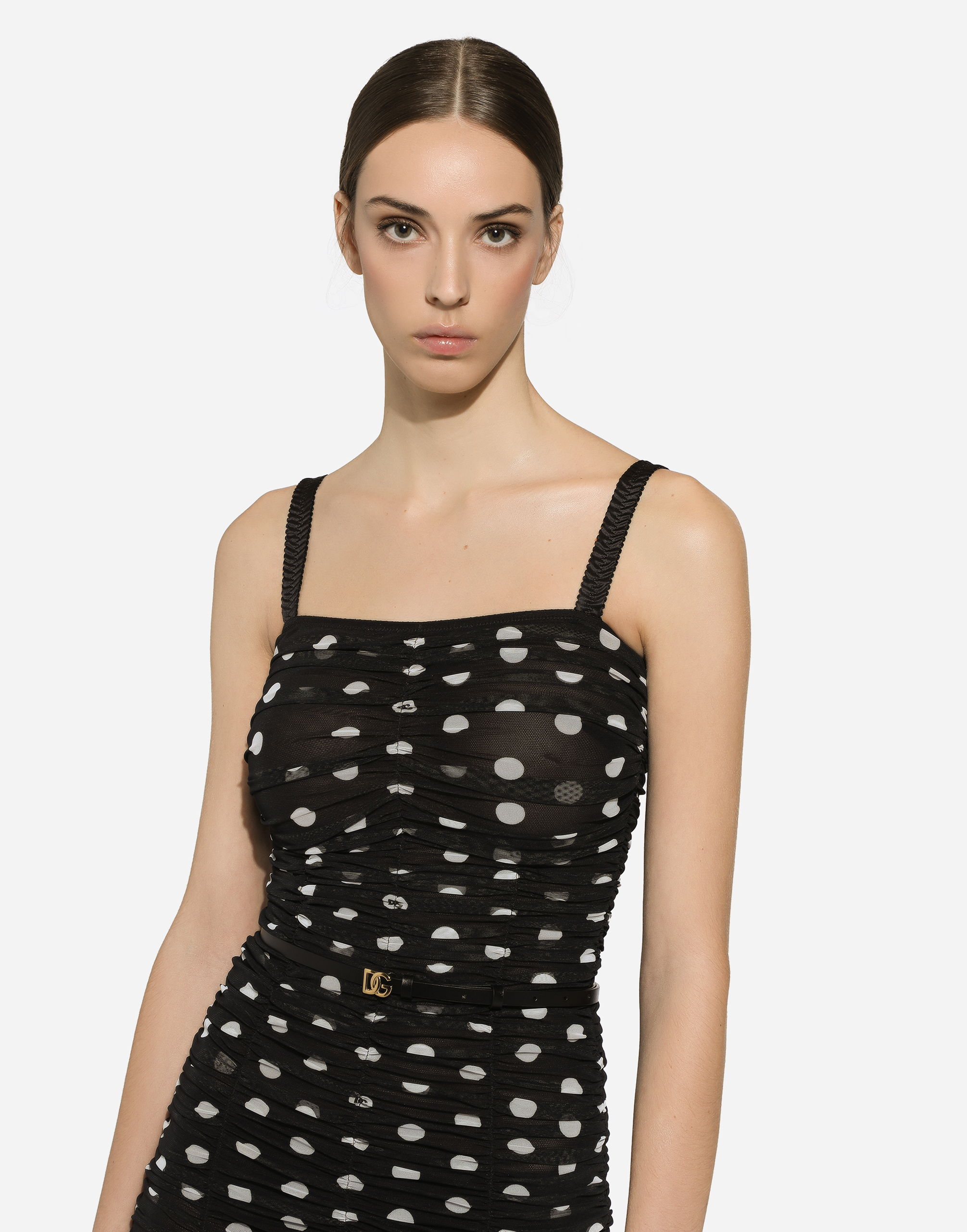 Shop Dolce & Gabbana Tulle Calf-length Sheath Dress With Draping And Polka-dot Print In プリ