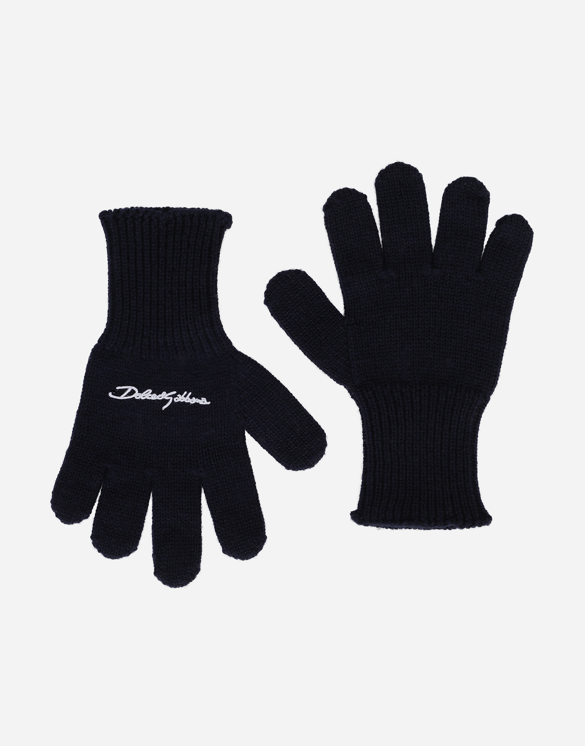 ブルーのガールズ Ribbed knit gloves with logo embroidery 