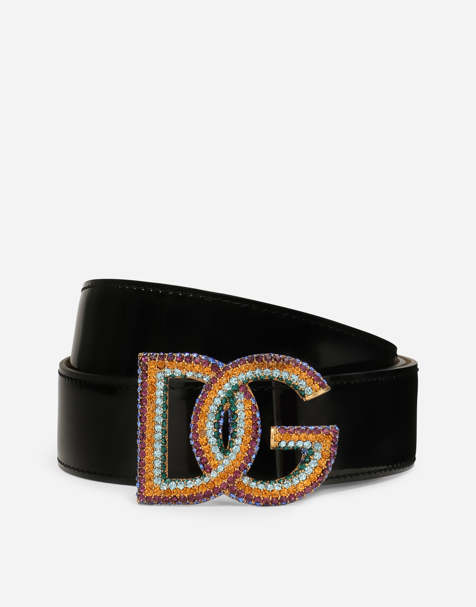 Polished calfskin belt with crystal DG logo