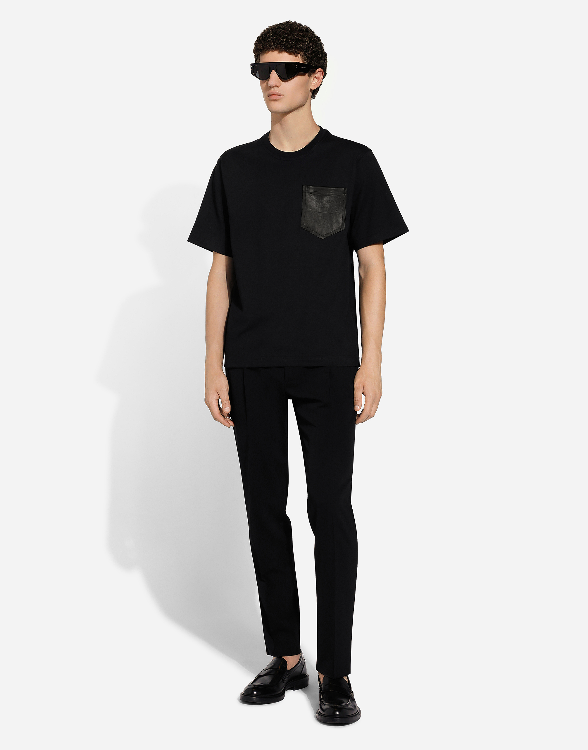 Shop Dolce & Gabbana Cotton T-shirt With Leather Breast Pocket And Logo In Black