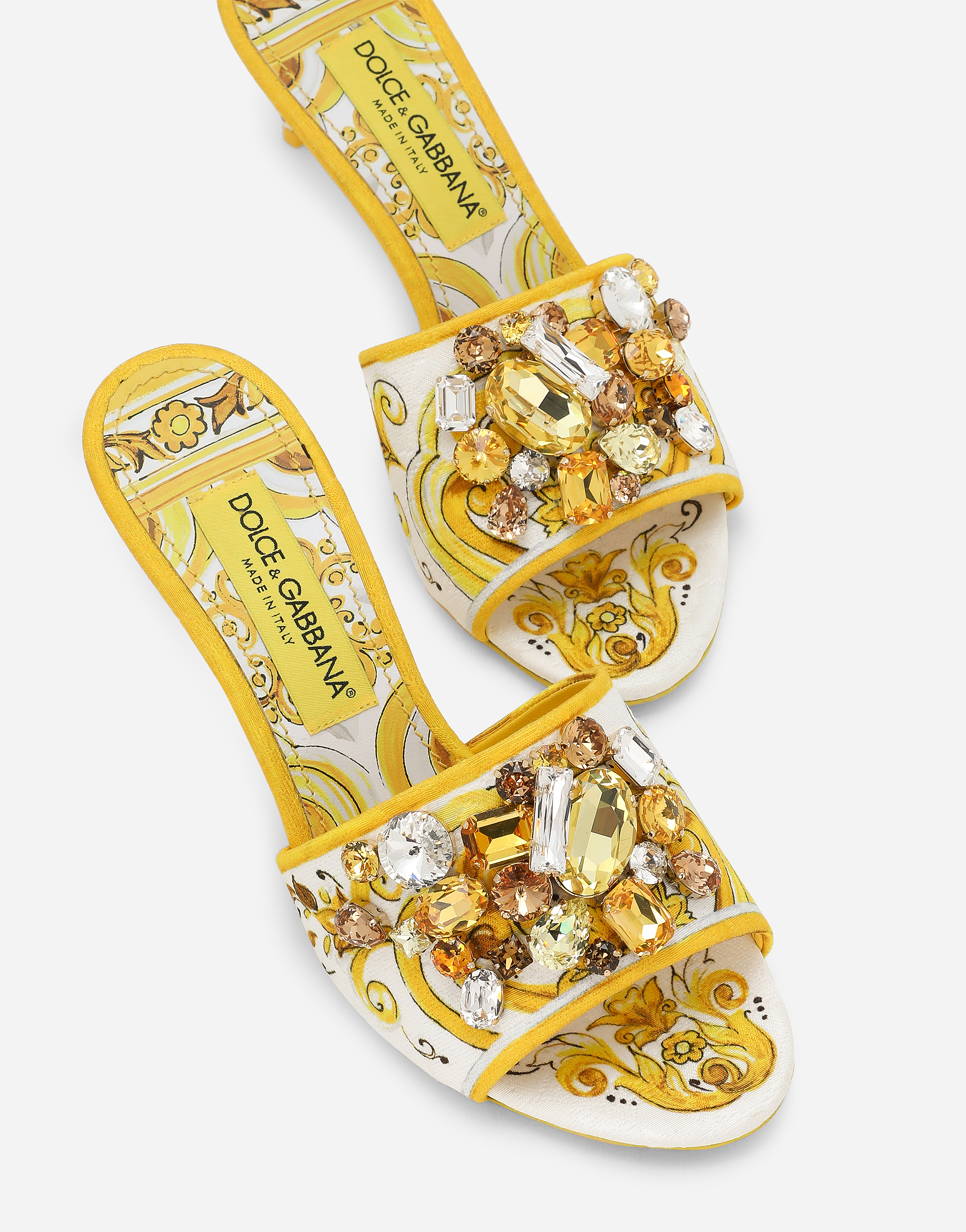 Shop Dolce & Gabbana Majolica-print Brocade Mules With Embroidery In Giallo