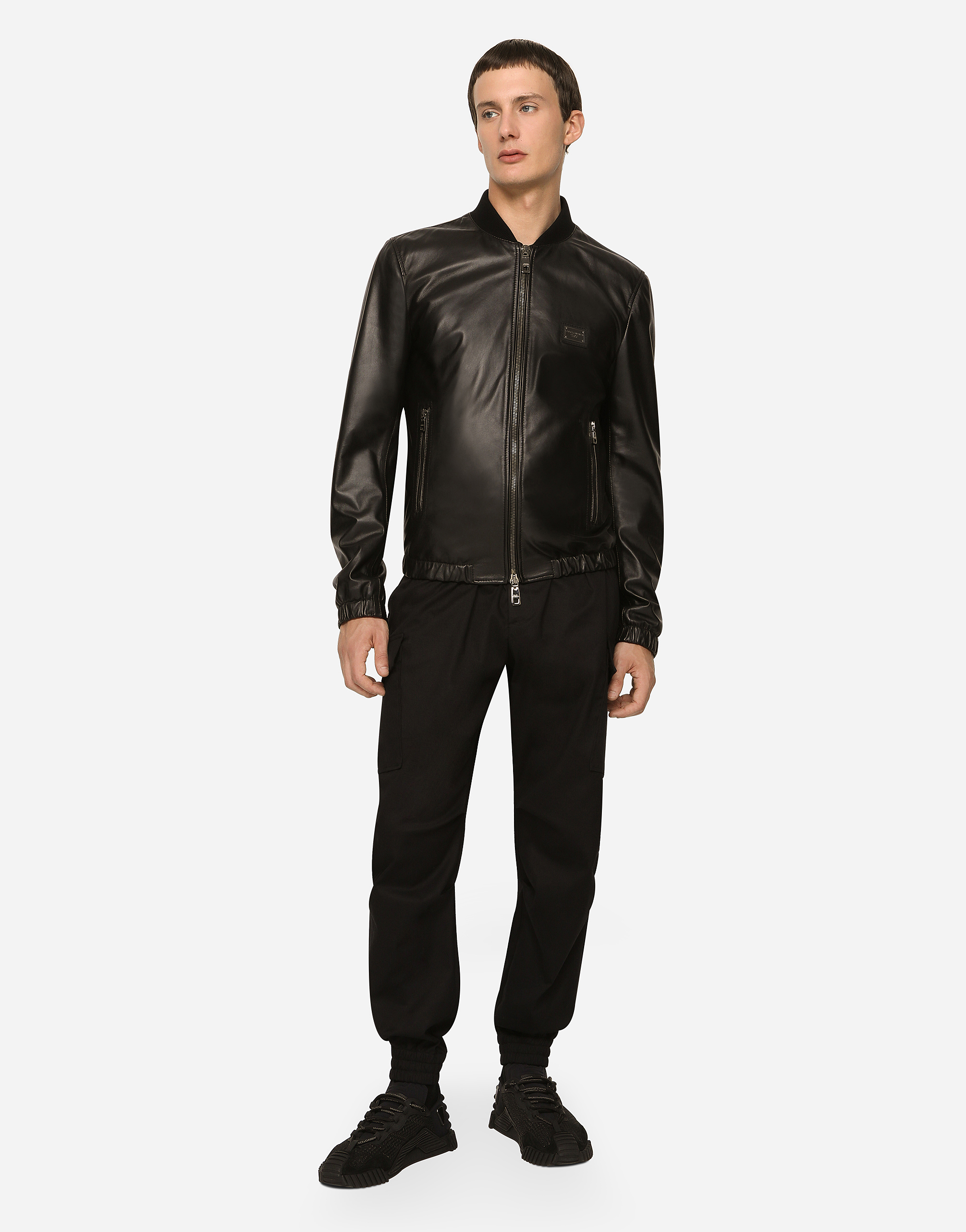 Shop Dolce & Gabbana Leather Jacket With Branded Tag In Black