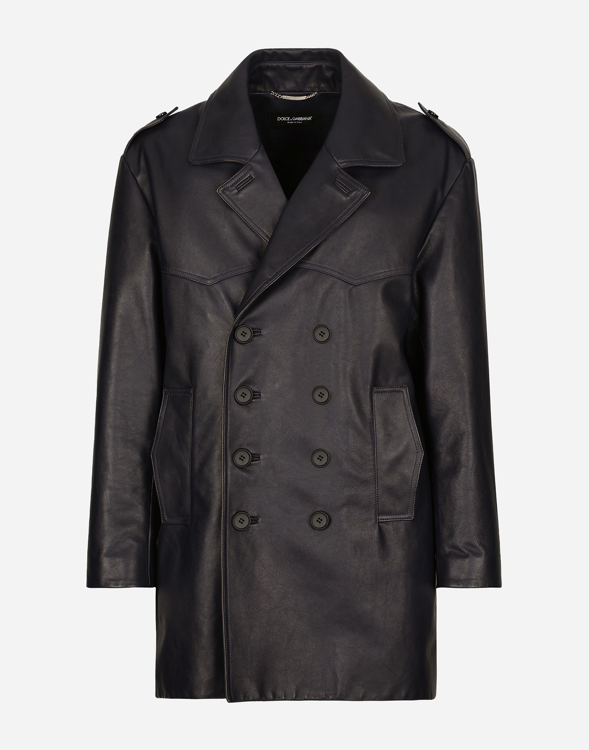 Double-breasted leather pea coat in Blue for Men | Dolce&Gabbana®