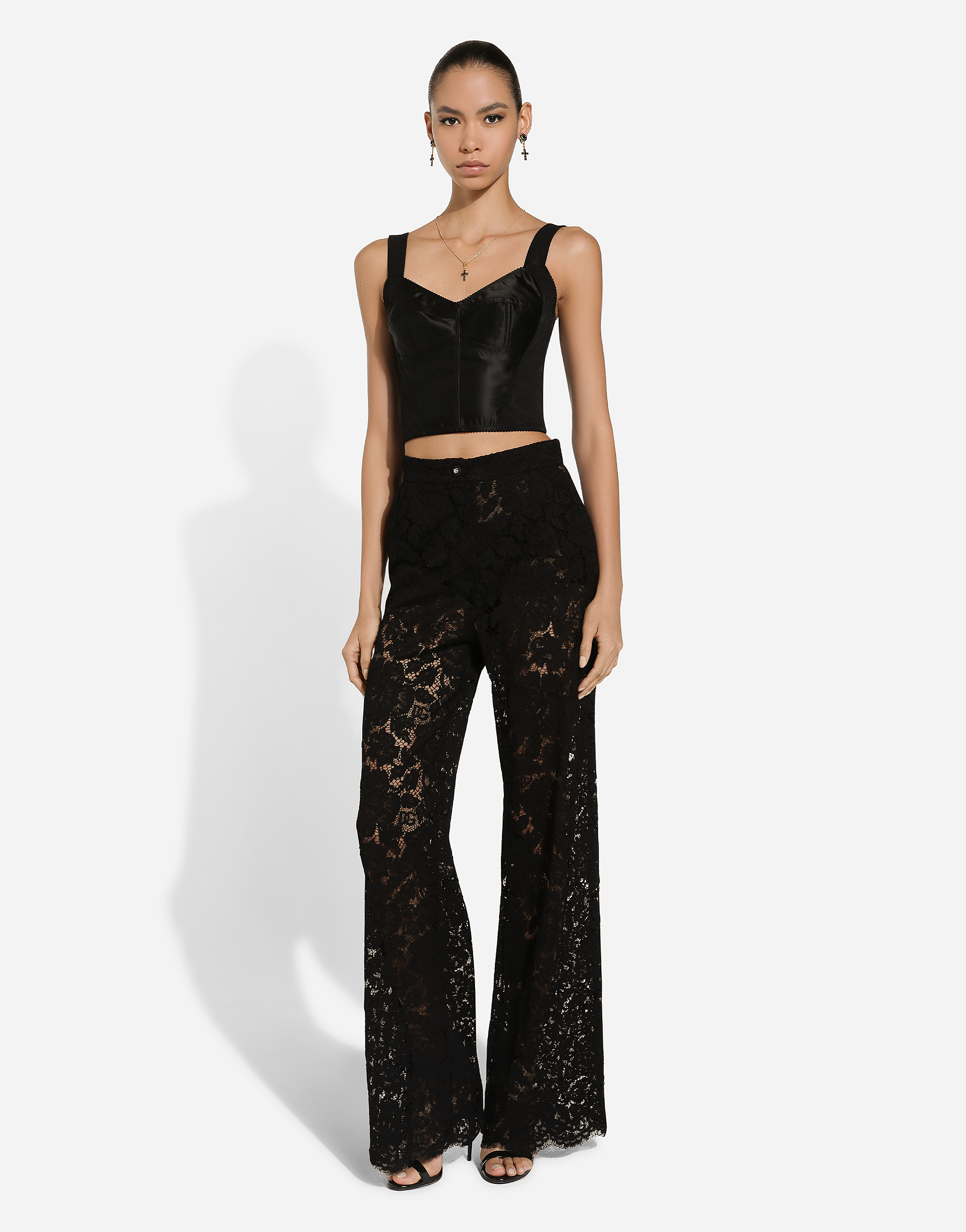 Shop Dolce & Gabbana Flared Floral Cordonetto Lace Pants With Dg Logo In Black