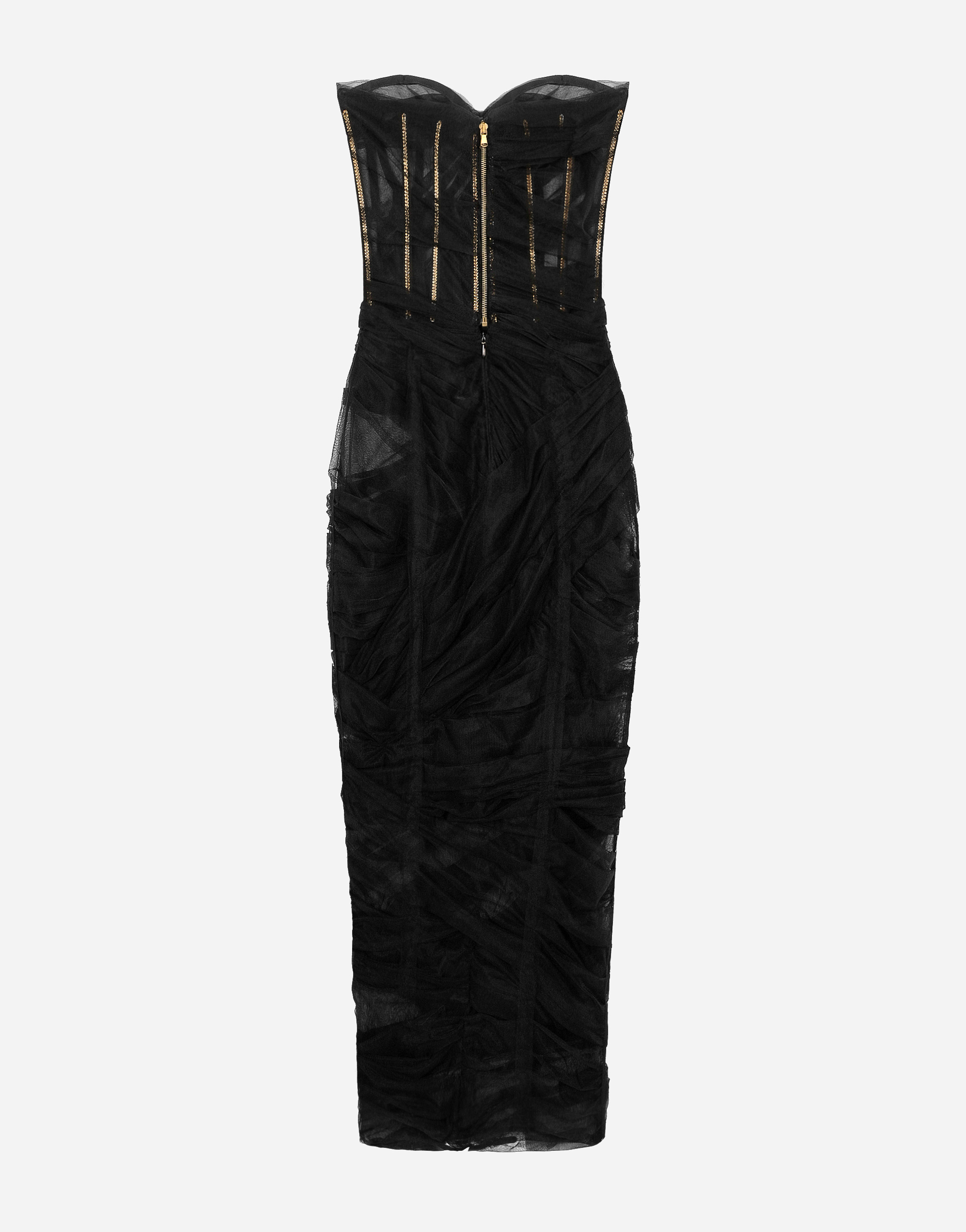 Tulle calf length corset dress with draping in Black for Women