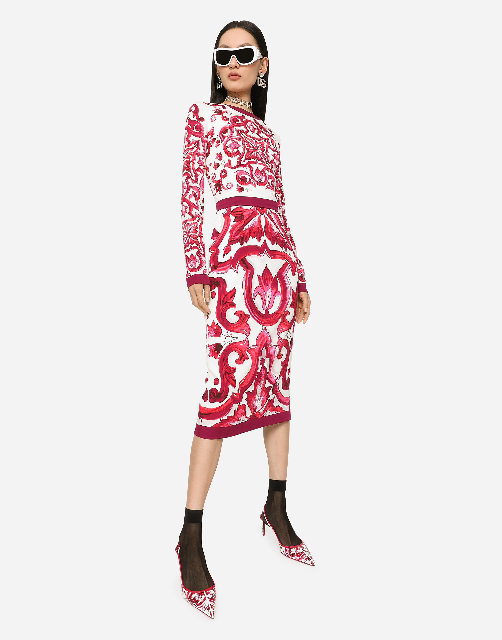 Majolica-print charmeuse midi dress in Multicolor for Women