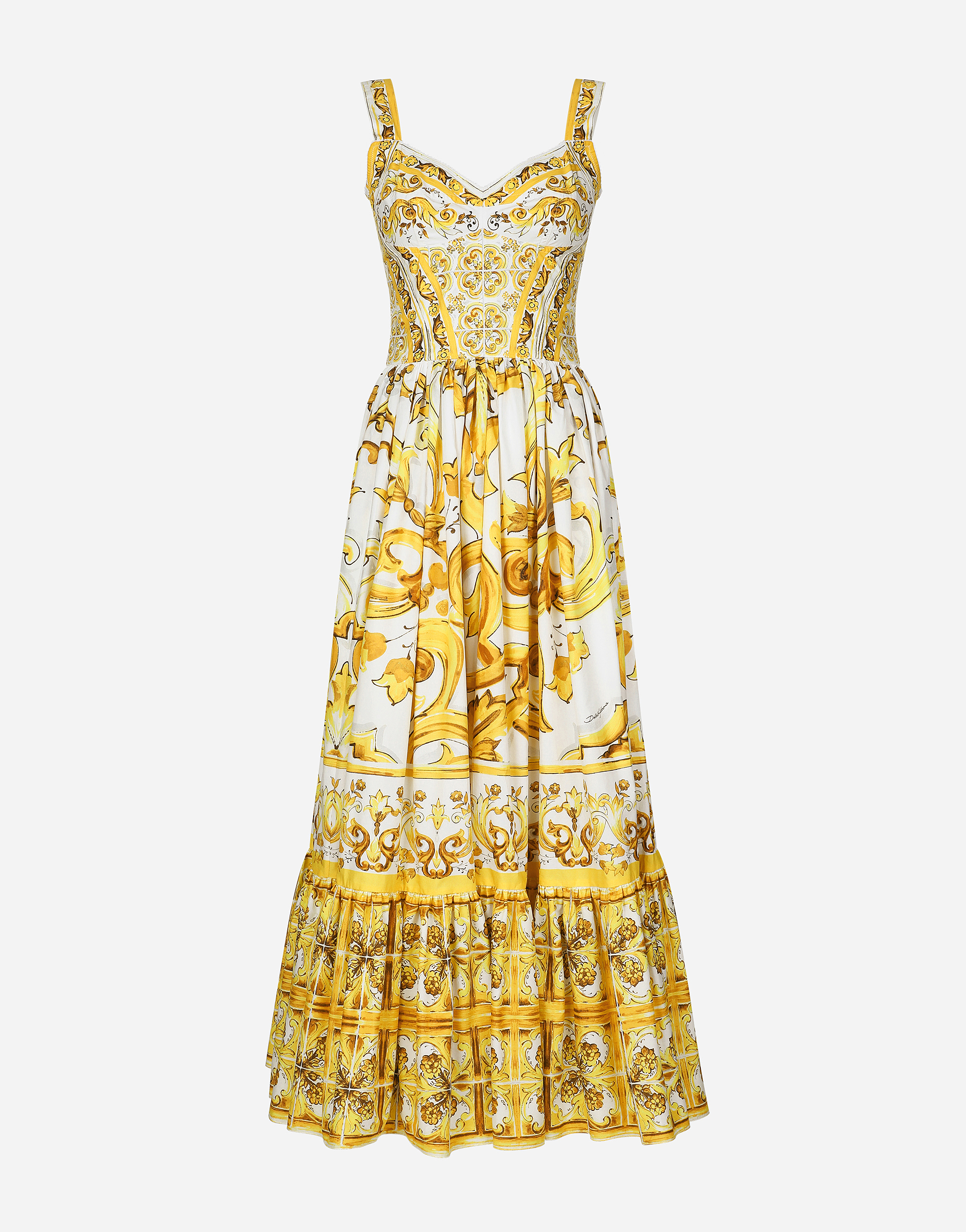 Shop Dolce & Gabbana Calf-length Corset Dress In Majolica-print Cotton Poplin