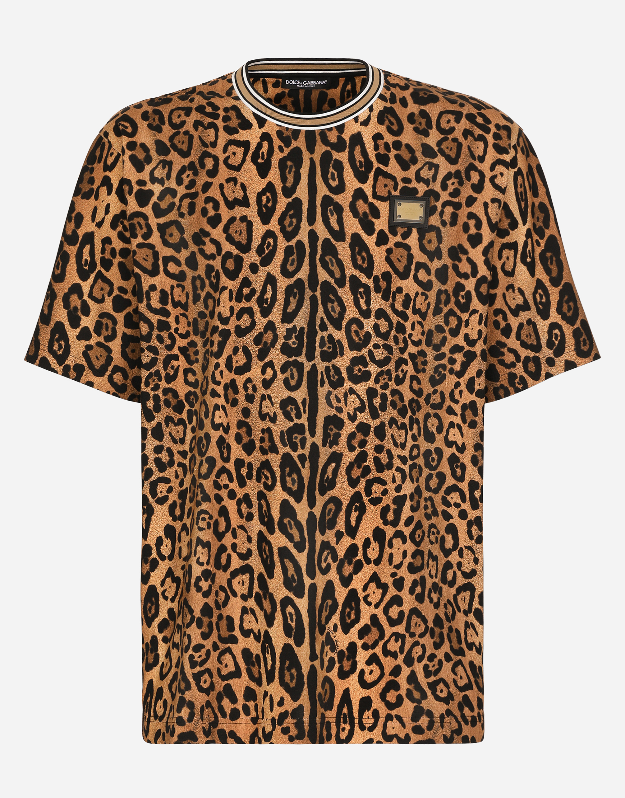 Shop Dolce & Gabbana Round-neck T-shirt With Leopard-print Crespo And Tag