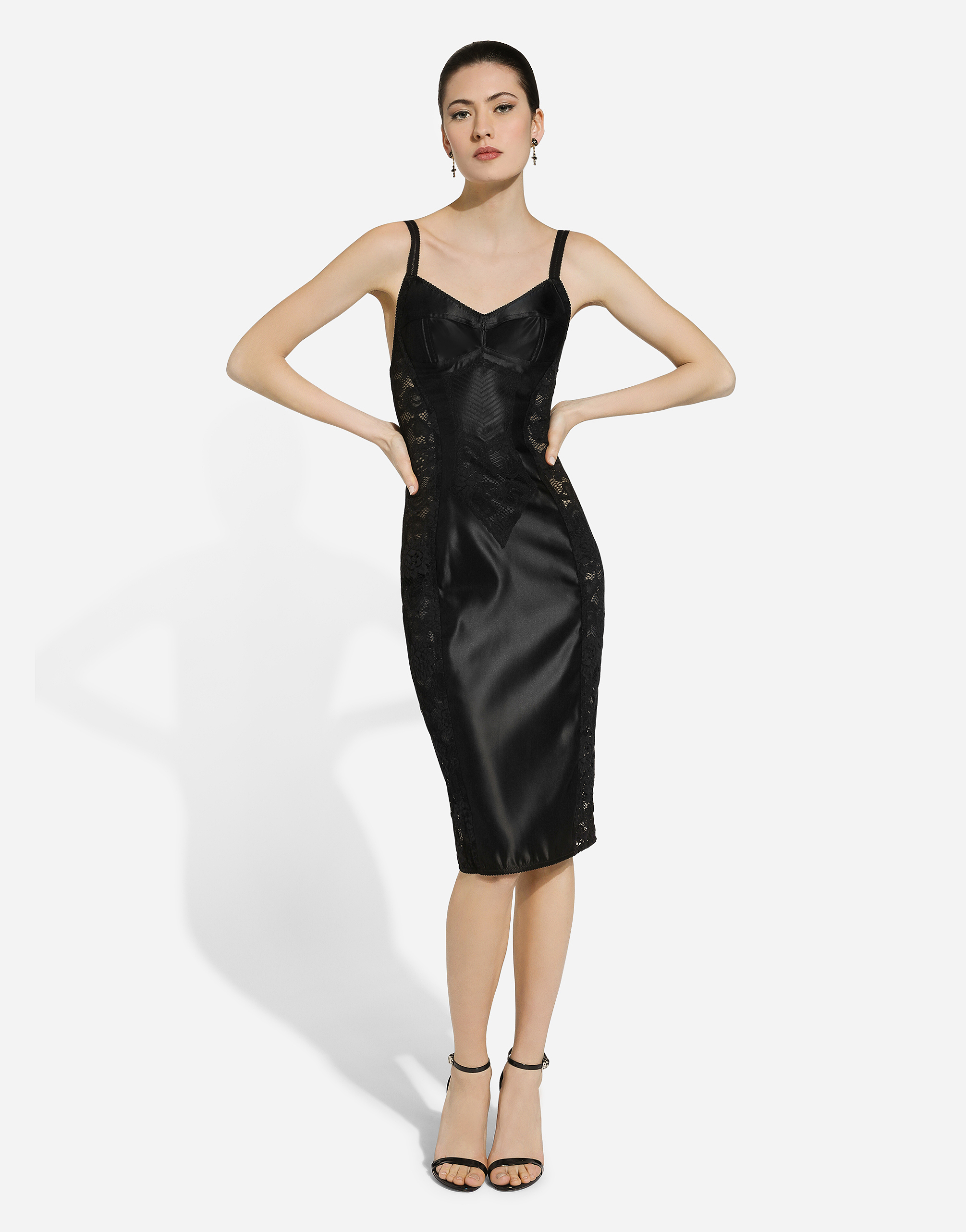 Shop Dolce & Gabbana Satin And Lace Calf-length Corset Dress In ブラック