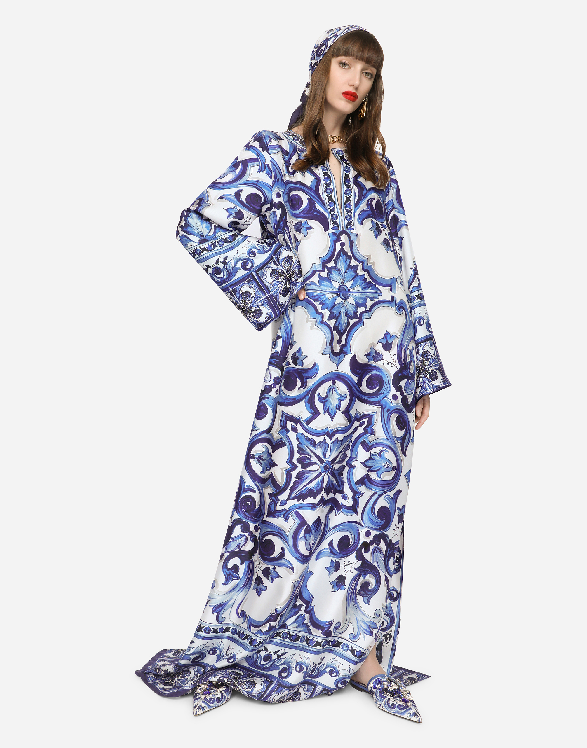 Majolica-print charmeuse midi dress in Multicolor for Women