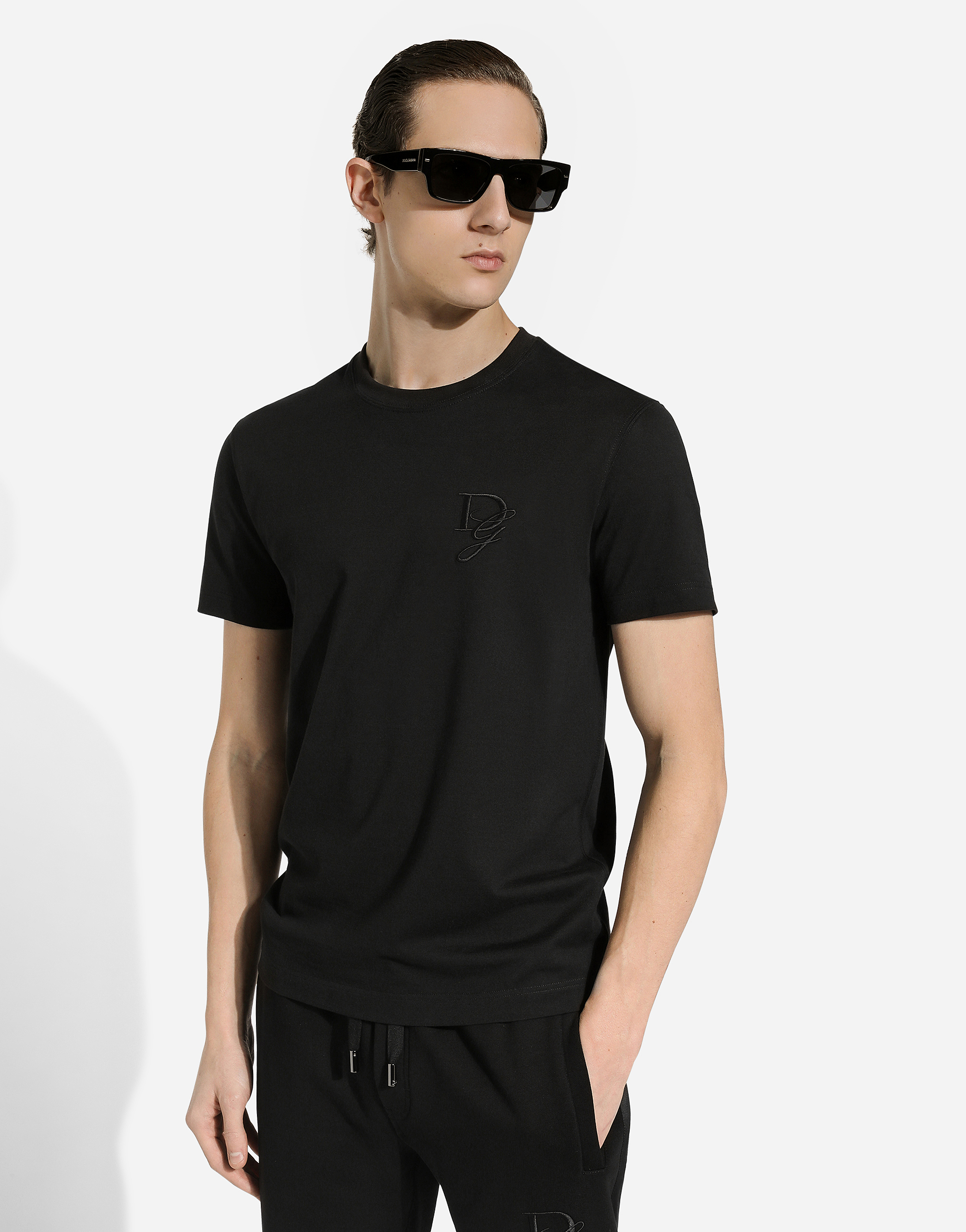 Shop Dolce & Gabbana Jersey Round-neck T-shirt With Dg Embroidery In Black